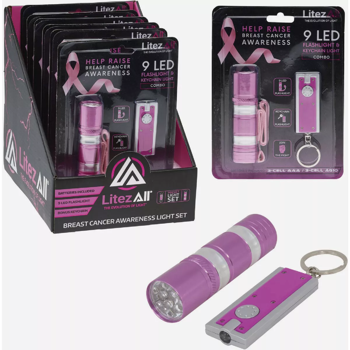 LitezAll Promier Products Breast Cancer Awareness LED Flashlight & Keychain Combo Set