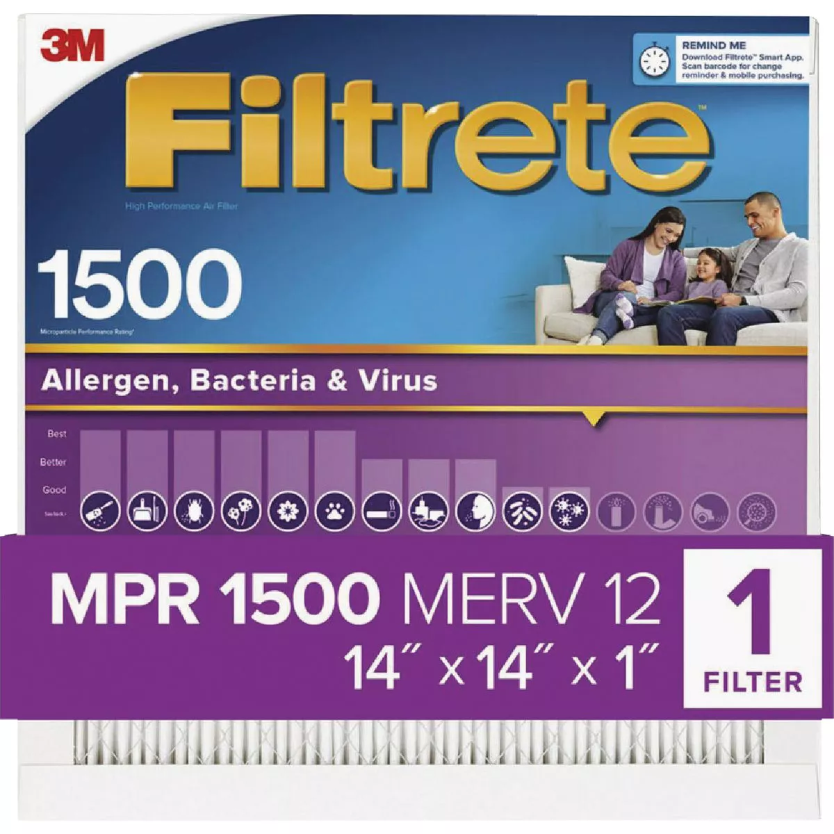 Filtrete High Performance Air Filter, 1500 MPR, 14 In. x 14 In. x 1 In.