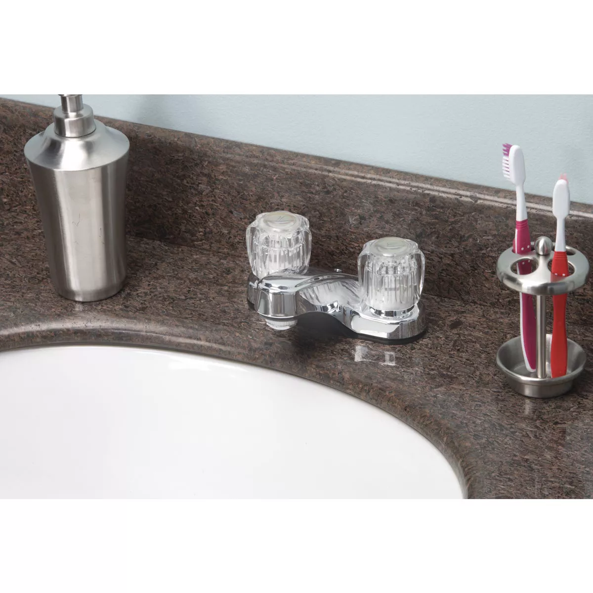 Home Impressions 2-Handle Knob 4 In. Centerset Non-Metallic Bathroom Faucet, Chrome - photo 2