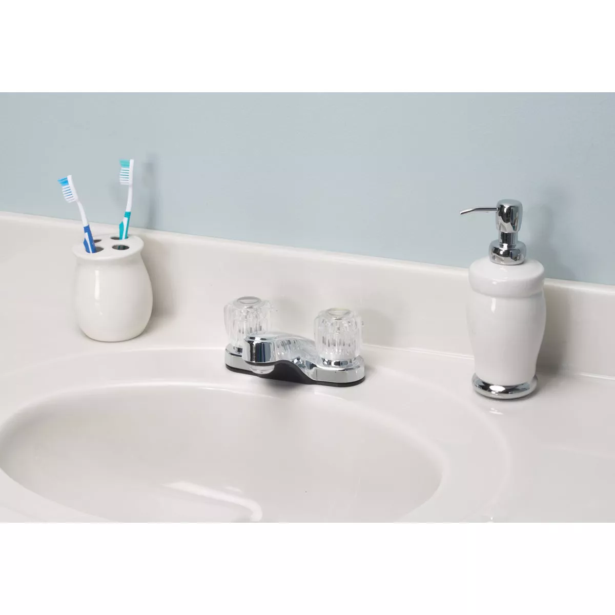 Home Impressions 2-Handle Knob 4 In. Centerset Non-Metallic Bathroom Faucet with Pop-Up, Chrome - photo 2