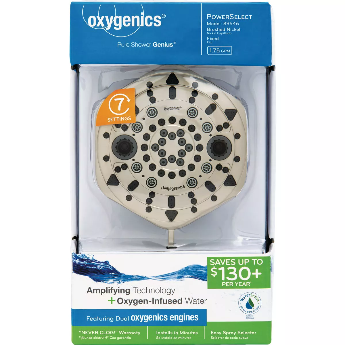 Oxygenics PowerSelect 7-Spray 1.75 GPM Fixed Shower Head, Brushed Nickel - photo 2