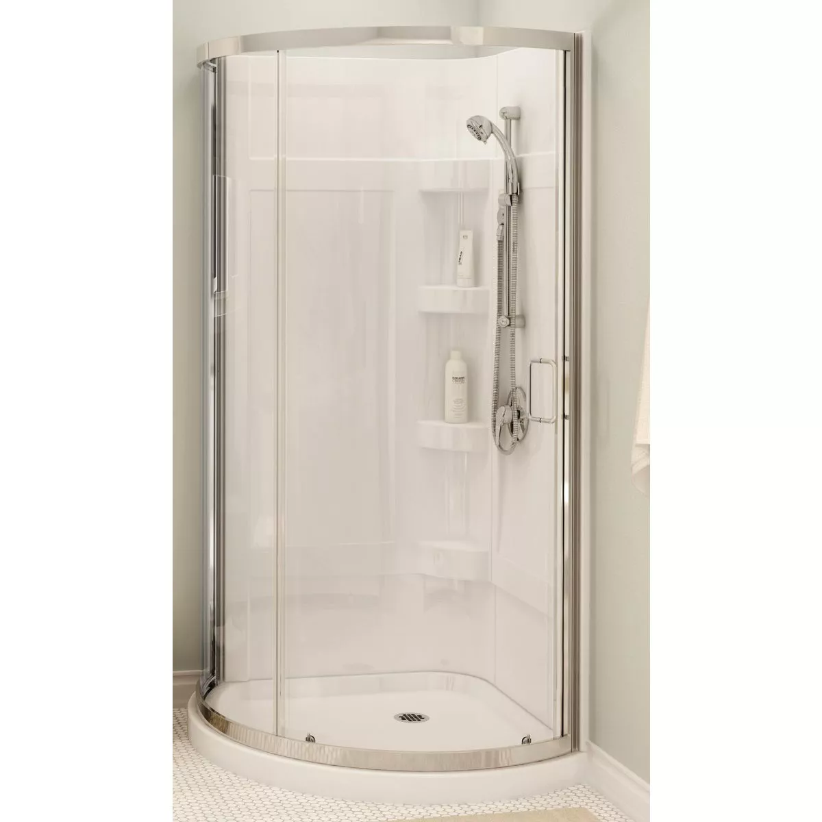 Maax Cyrene 34 In. L x 34 In. D x 76-1/8 In. H. Center Drain Corner Shower Kit in White with Frameless Sliding Door in Chrome