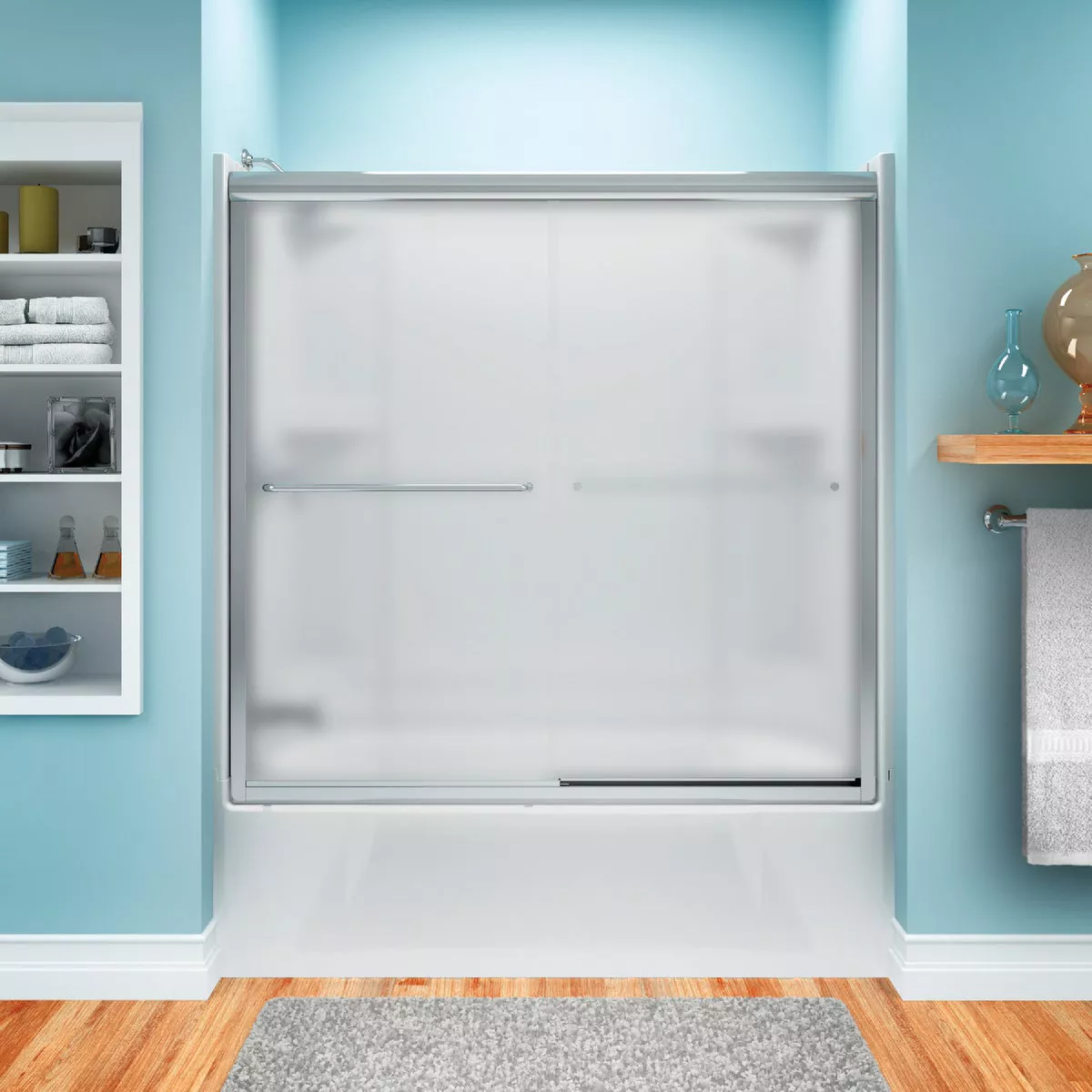 Sterling Finesse 59-5/8 In. W X 55-3/4 In. H Chrome Semi-Frameless Frosted Glass Sliding Tub Door