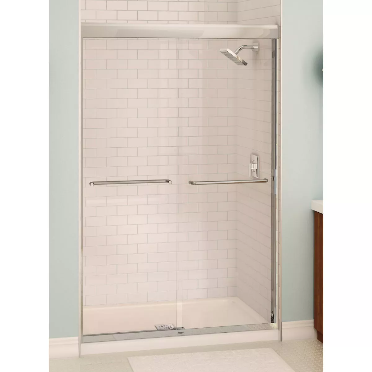 Maax Aura 48 In. W. X 71 In. H. Chrome Frameless Clear Glass Sliding Alcove Shower Door