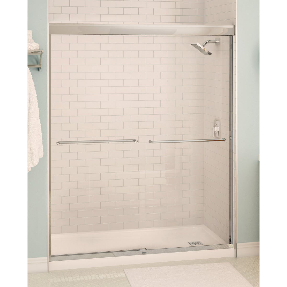 Maax Aura 59.5 In. W. X 71 In. H. Chrome Frameless Clear Glass Sliding
