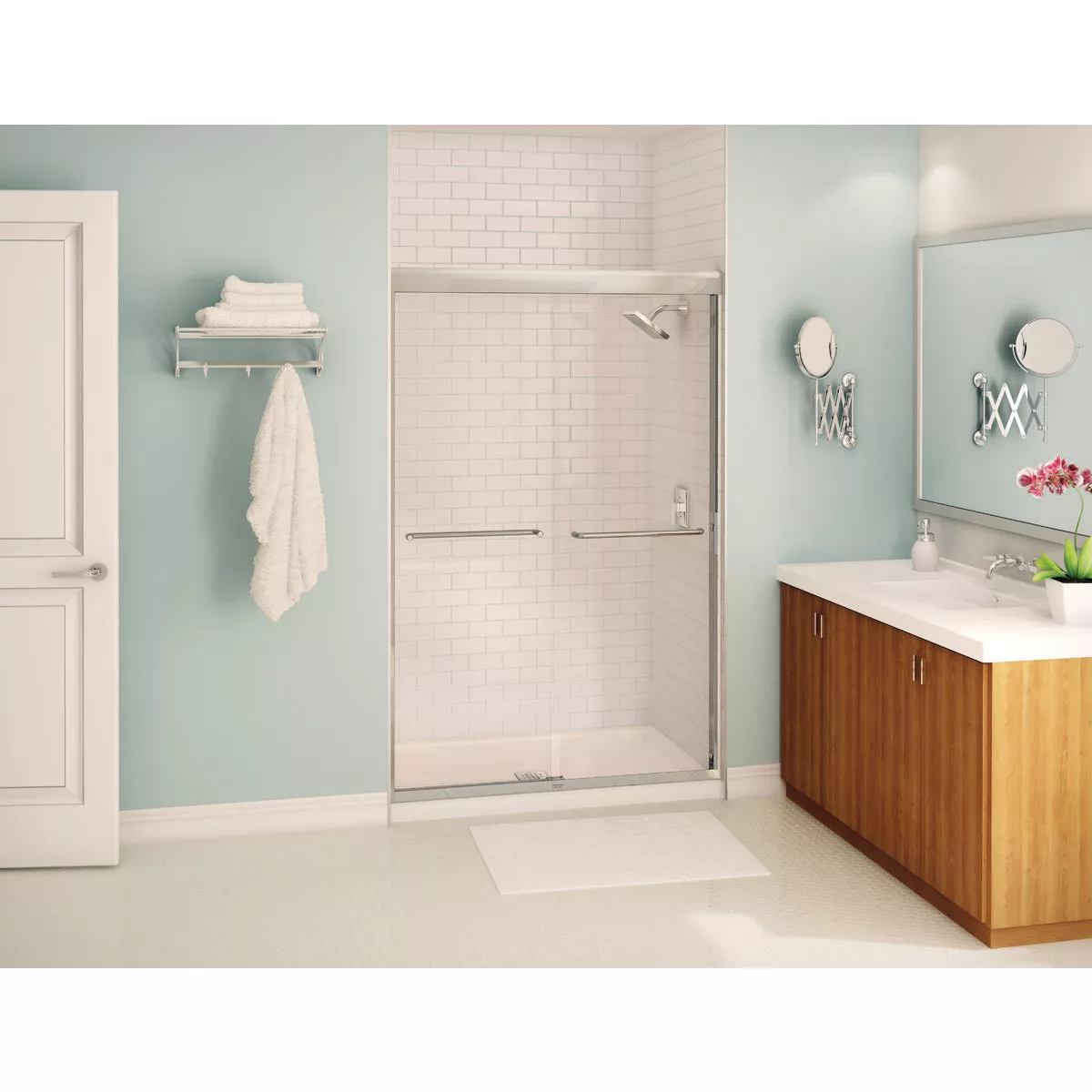 Maax Aura 48 In. W. X 71 In. H. Brushed Nickel Frameless Clear Glass Sliding Alcove Shower Door - photo 2