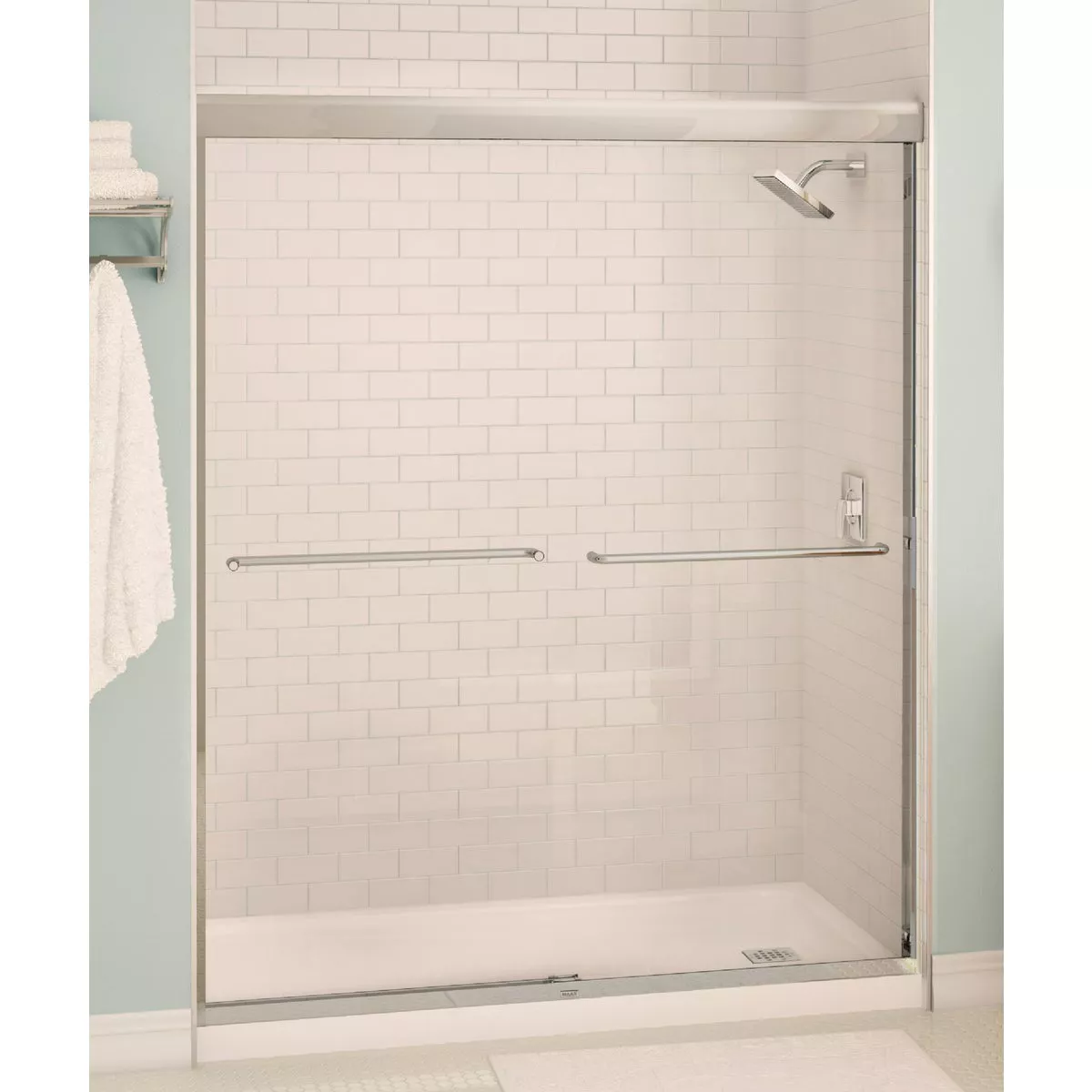 Maax Aura 59.5 In. W. X 71 In. H. Brushed Nickel Frameless Clear Glass Sliding Alcove Shower Door