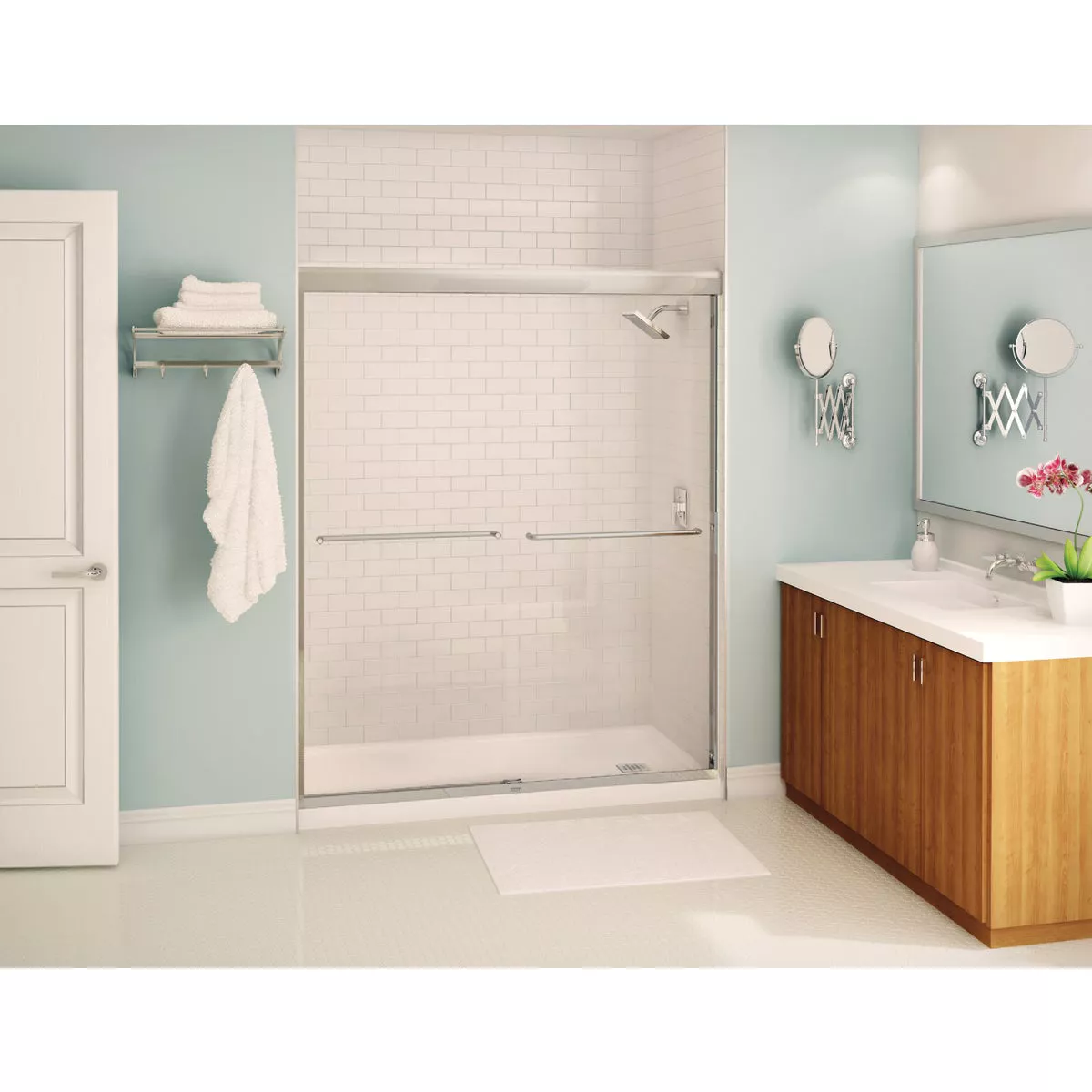 Maax Aura 59.5 In. W. X 71 In. H. Brushed Nickel Frameless Clear Glass Sliding Alcove Shower Door - photo 2