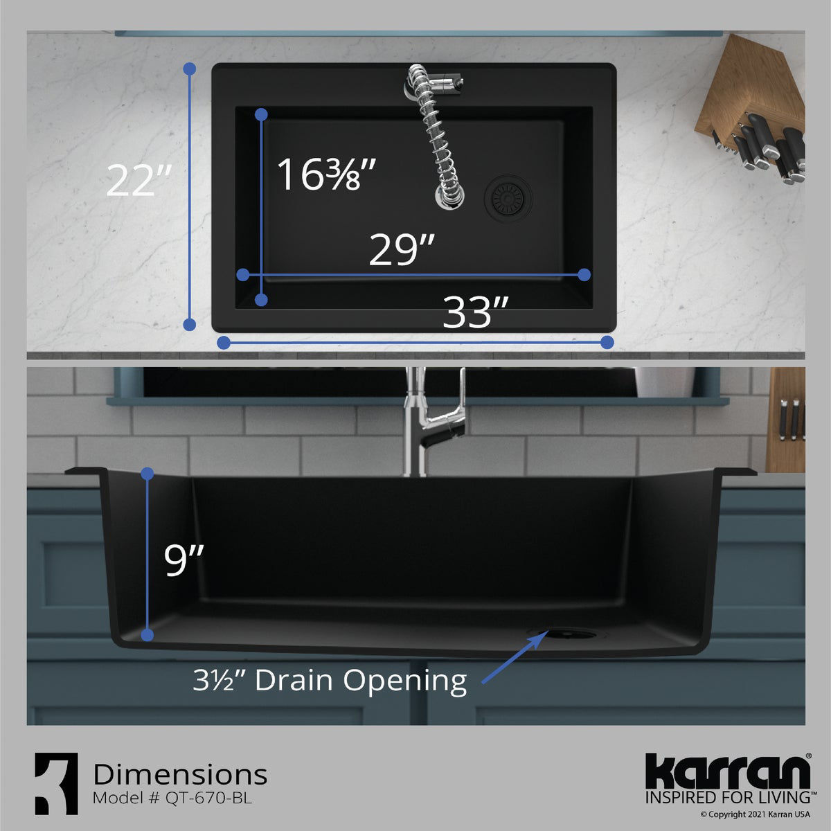 Karran Single Bowl 33 In. x 22 In. x 9 In. Deep Matte Black Quartz