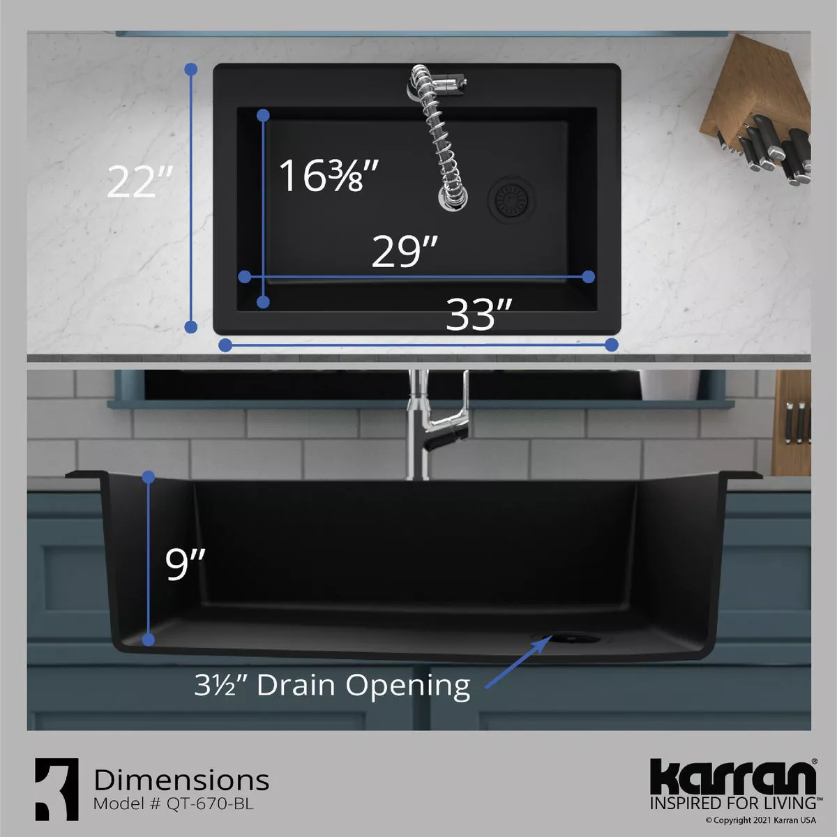 Karran Single Bowl 33 In. x 22 In. x 9 In. Deep Matte Black Quartz Kitchen Sink, Top Mount - photo 4