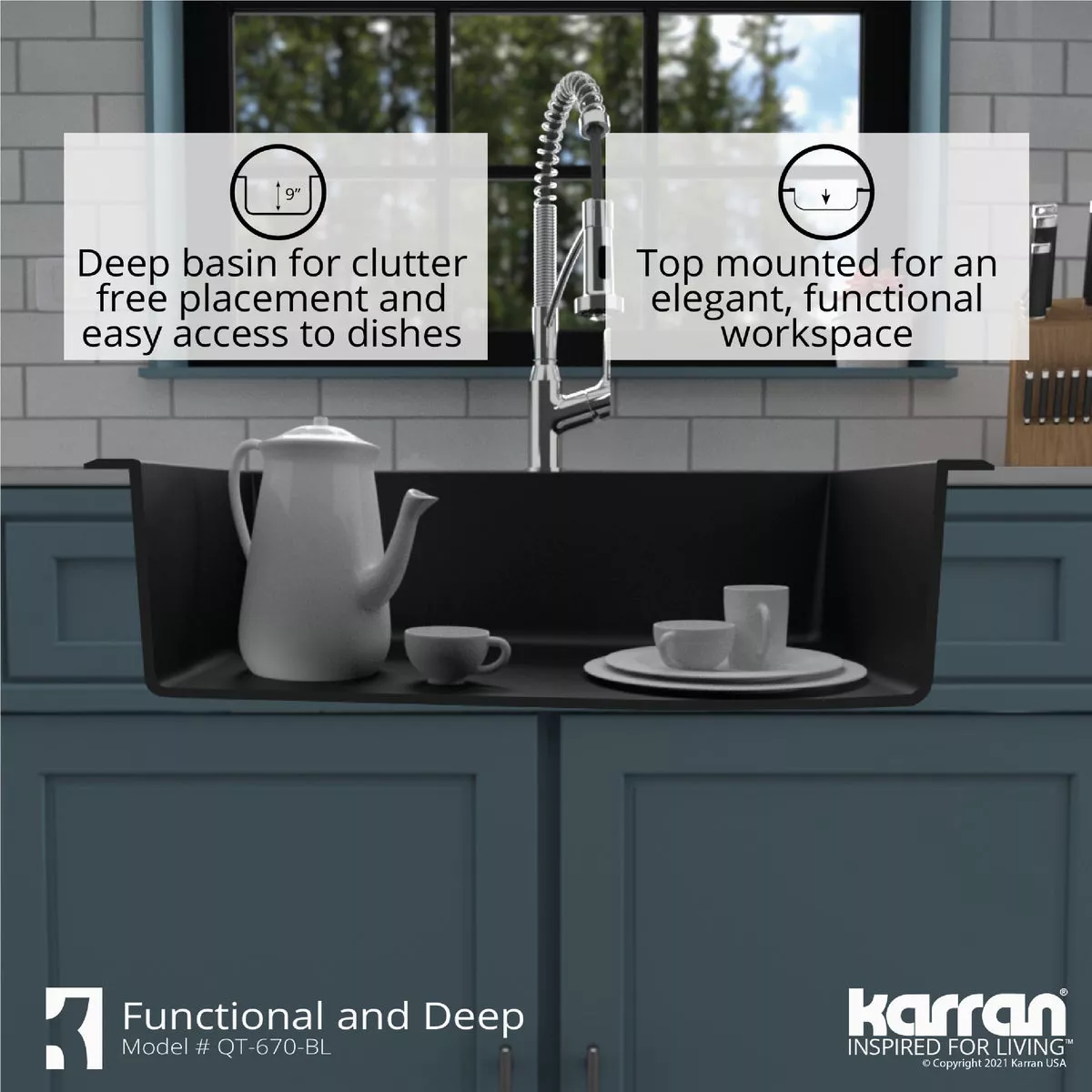 Karran Single Bowl 33 In. x 22 In. x 9 In. Deep Matte Black Quartz Kitchen Sink, Top Mount - photo 5