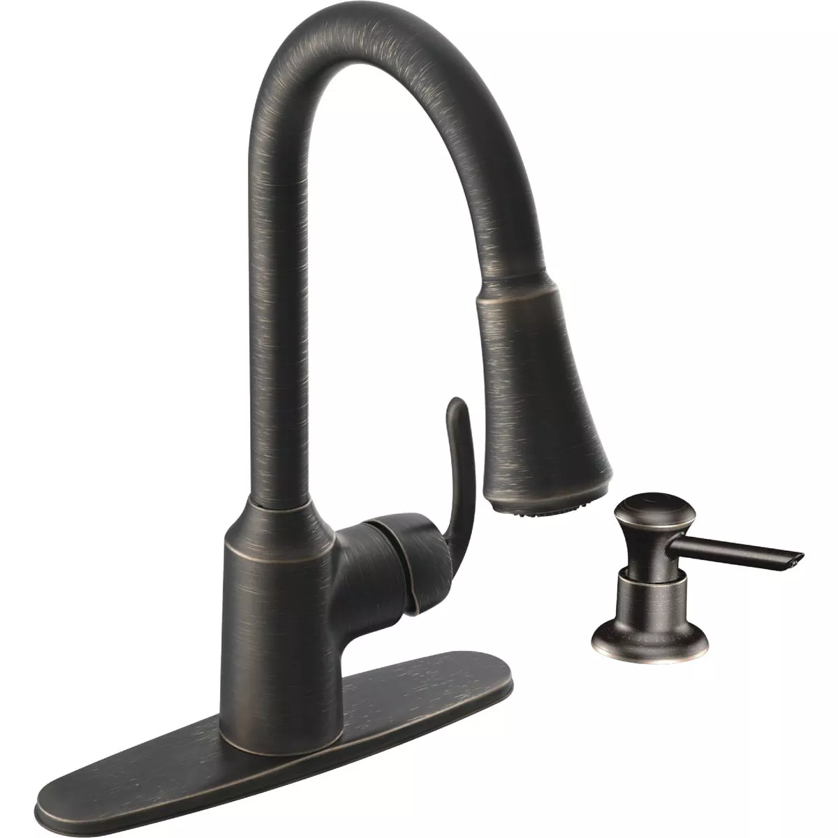 Moen Bayhill 1-Handle Lever Pull-Down Kitchen Faucet with Soap Dispenser, Mediterranean Bronze