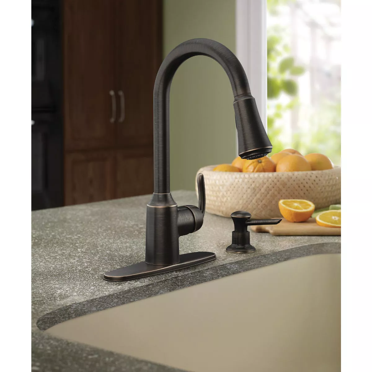 Moen Bayhill 1-Handle Lever Pull-Down Kitchen Faucet with Soap Dispenser, Mediterranean Bronze - photo 2