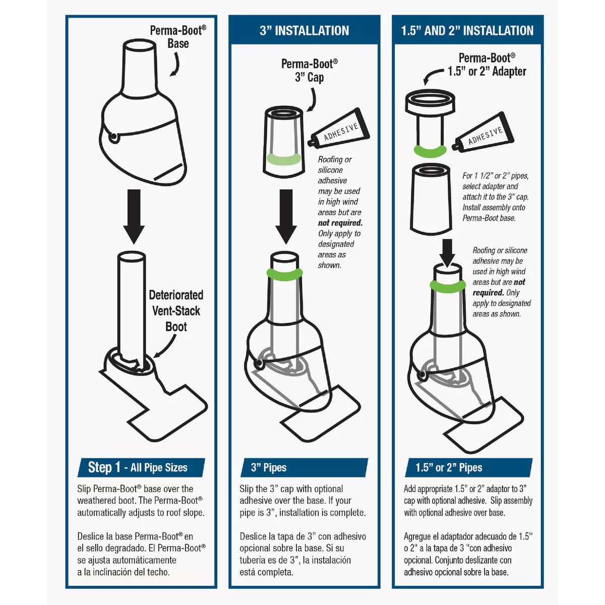 Perma-Boot TPO Plastic 3-in-1 Roof Pipe Flashing, fits 1-1/2 In., 2 In. & 3 In. Pipes - photo 3