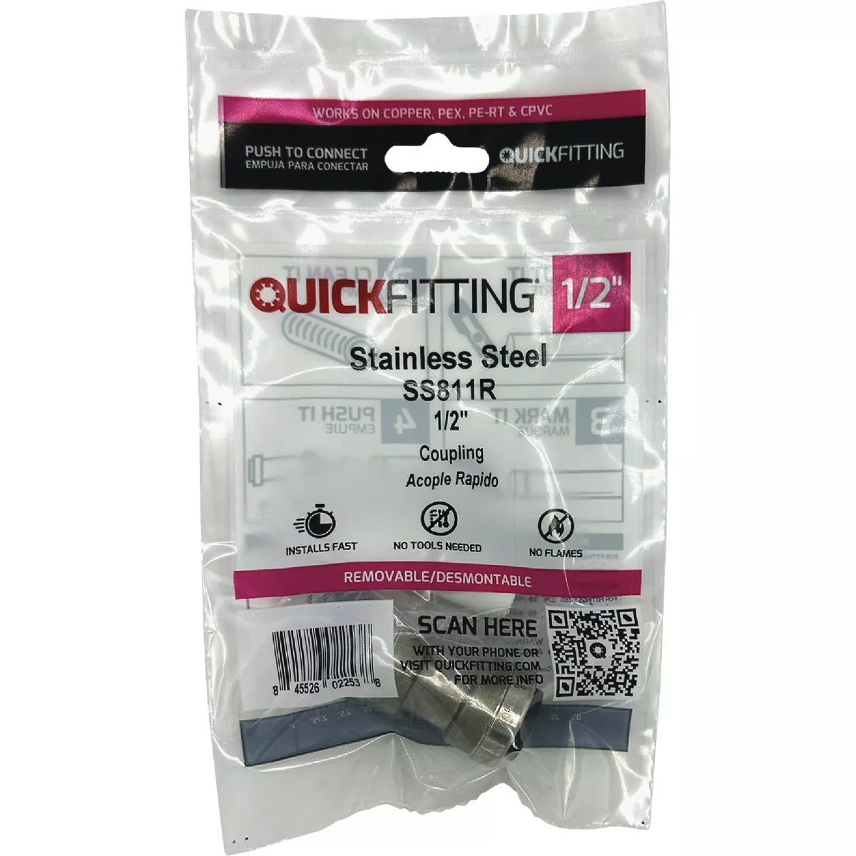 QuickFitting 1/2 In. Push-to-Connect Stainless Steel Straight Coupling - photo 2