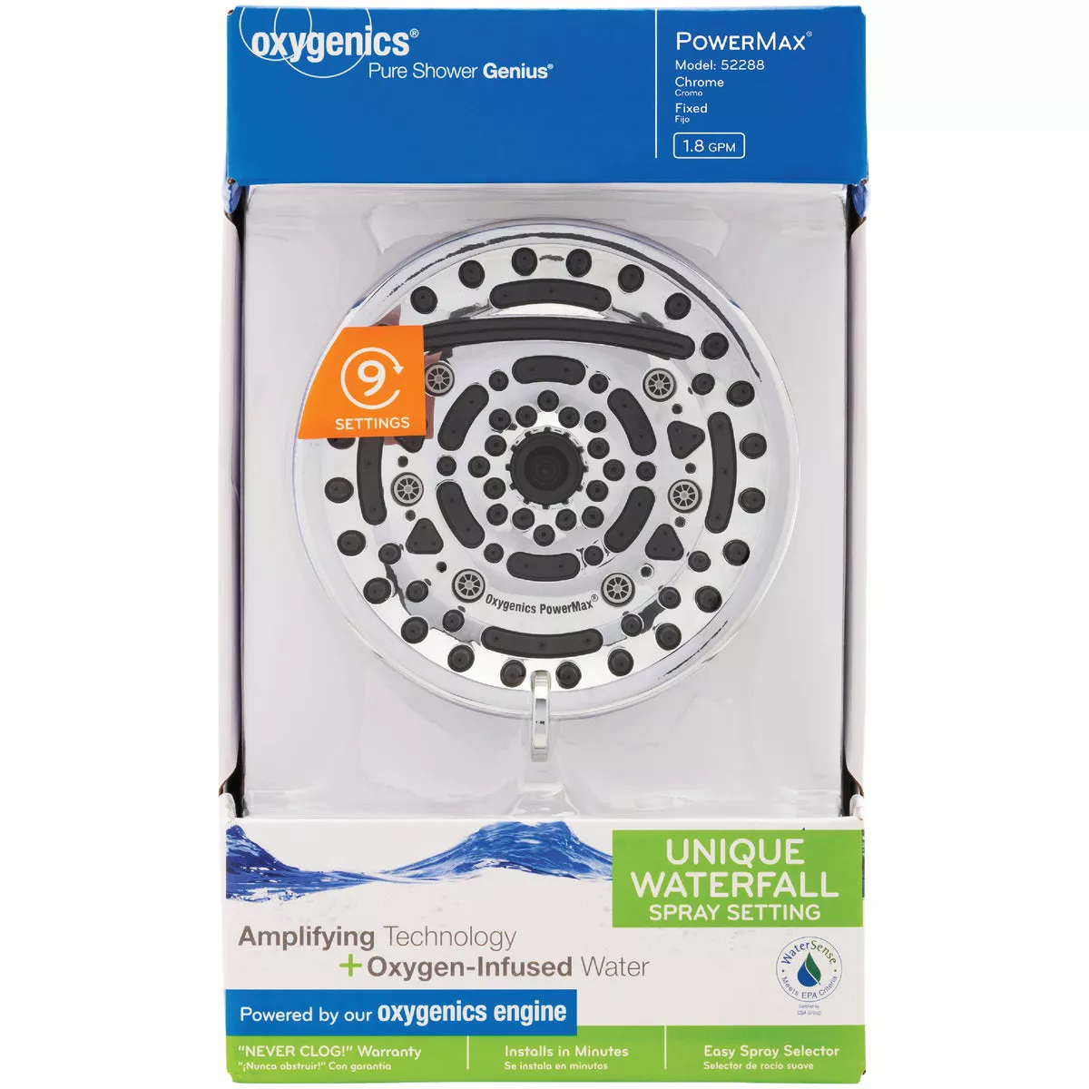 Oxygenics PowerMax 9-Spray 1.8 GPM Fixed Shower Head, Chrome - photo 2