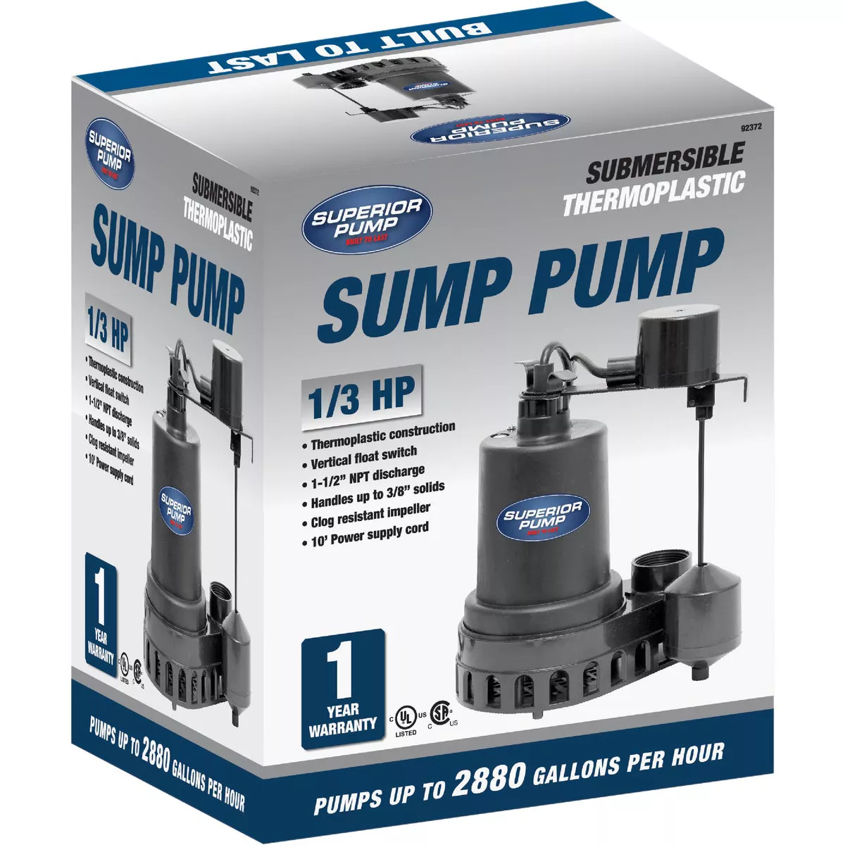 Superior Pump 1/3 HP Thermoplastic Submersible Sump Pump with Vertical Float Switch - photo 2