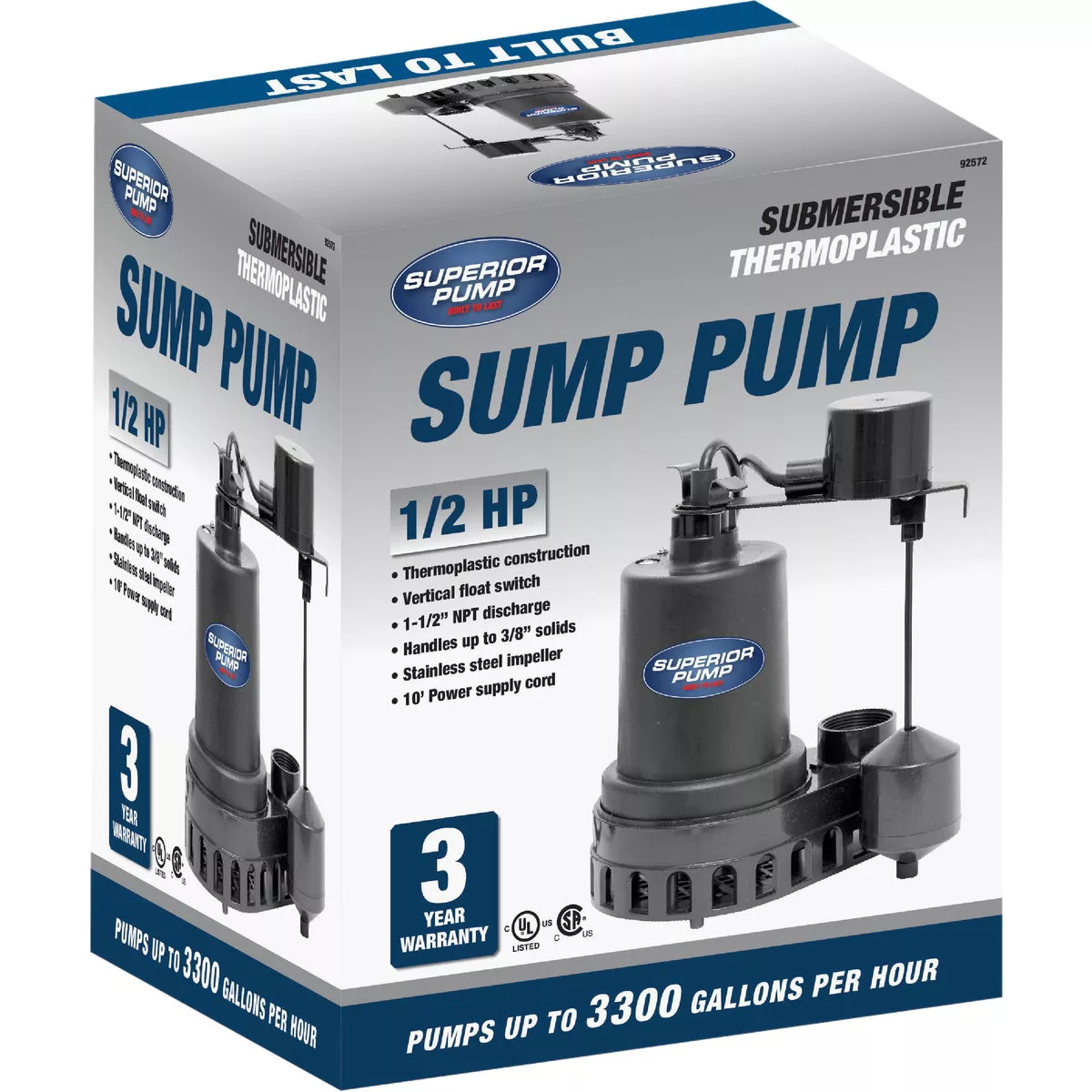 Superior Pump 1/2 HP Thermoplastic Submersible Sump Pump with Vertical Float Switch - photo 2