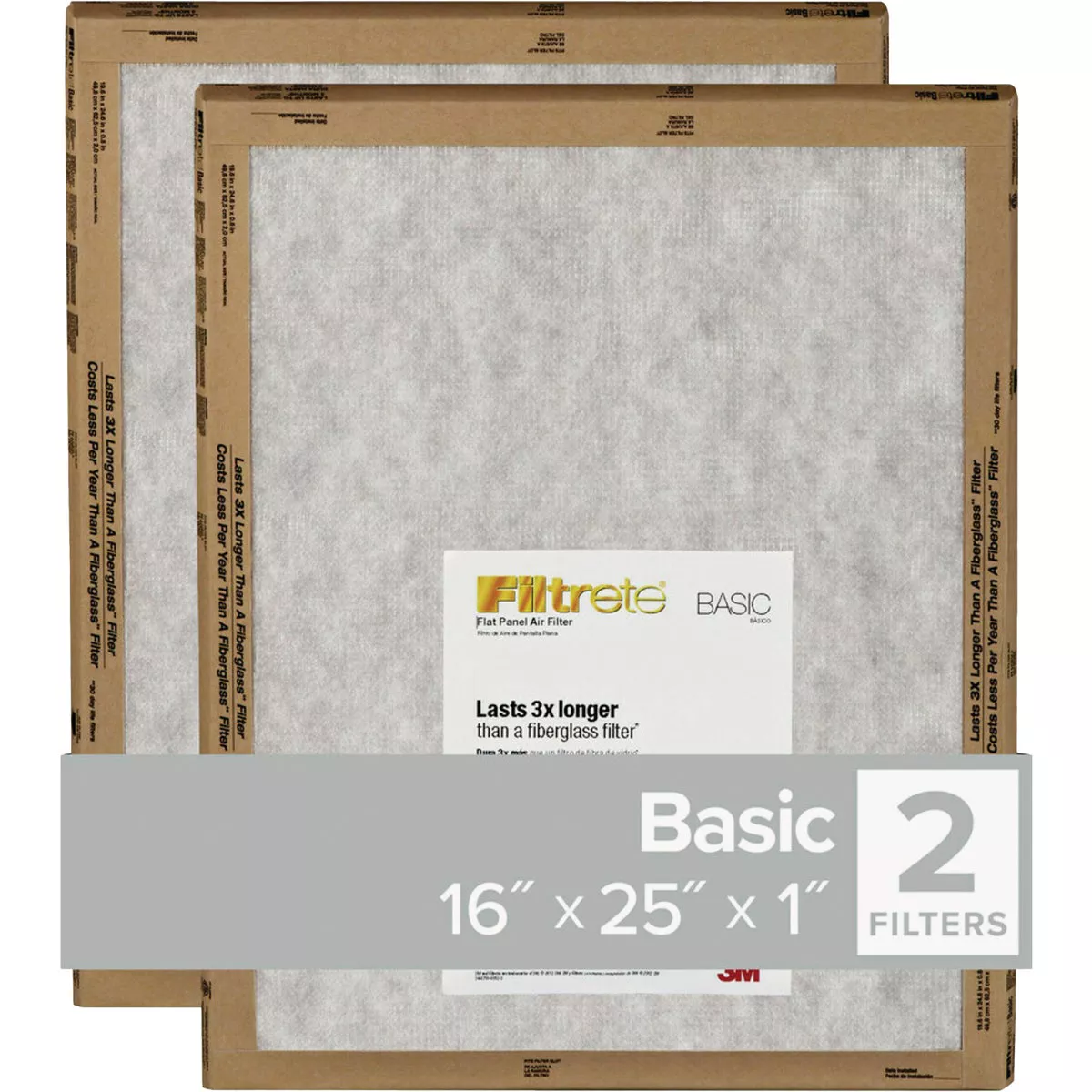 Filtrete 16 In. x 25 In. x 1 In. Basic MPR Flat Panel Furnace Filter, MERV 2 (2-Pack)