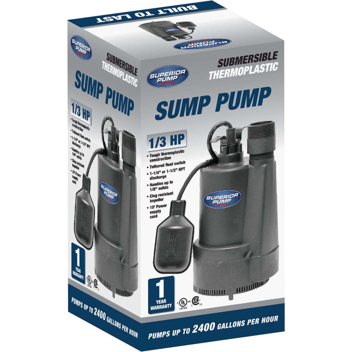 Superior Pump 1/3 HP Thermoplastic Submersible Sump Pump With Tethered ...