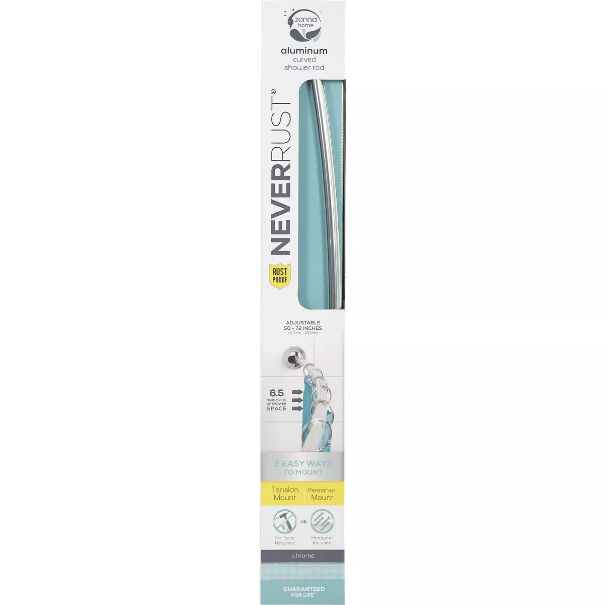 Zenith Zenna Home NeverRust 50 In. to 72 In. Adjustable Fixed or Tension Curved Shower Rod in Chrome - photo 3
