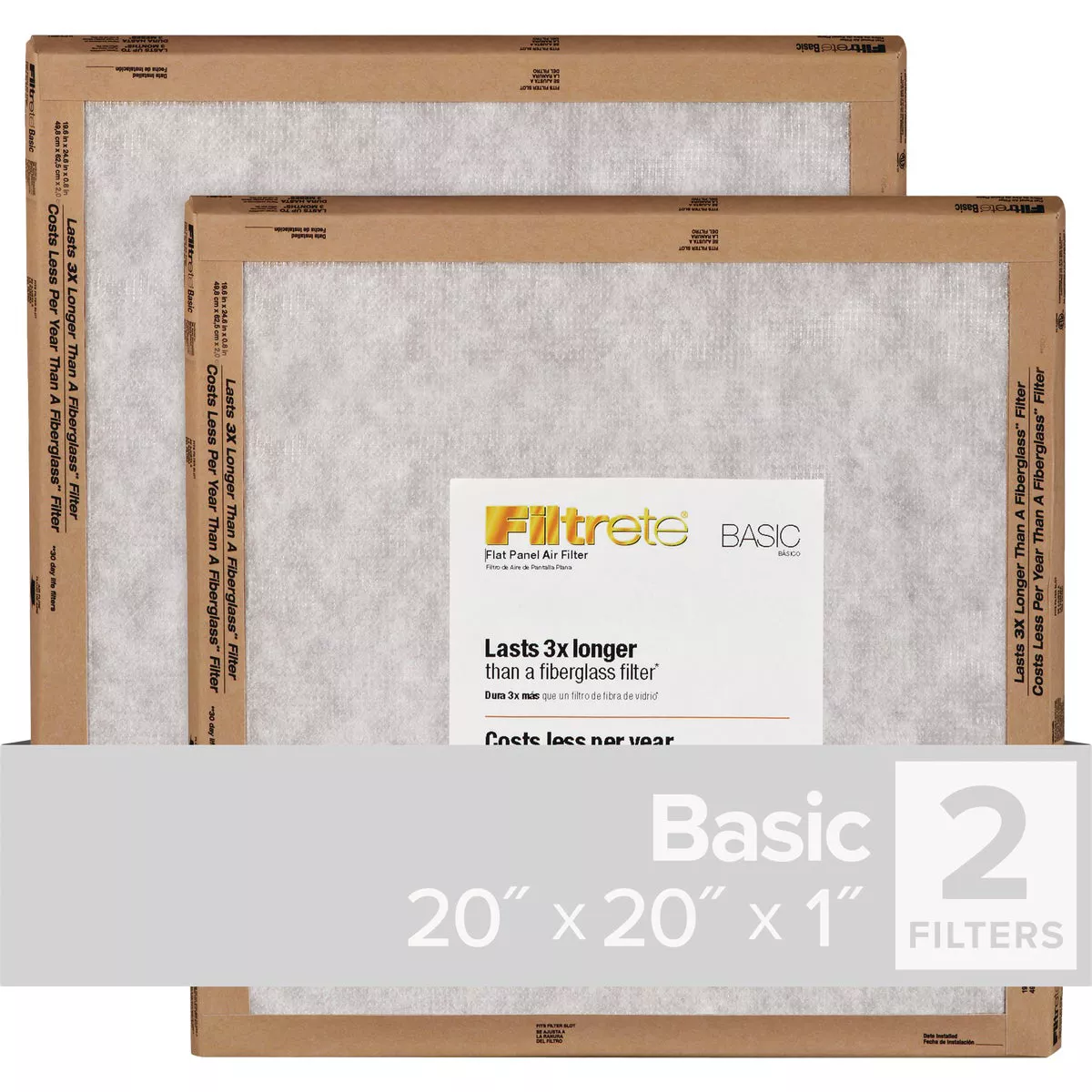 Filtrete 20 In. x 20 In. x 1 In. Basic MPR Flat Panel Furnace Filter, MERV 2 (2-Pack)