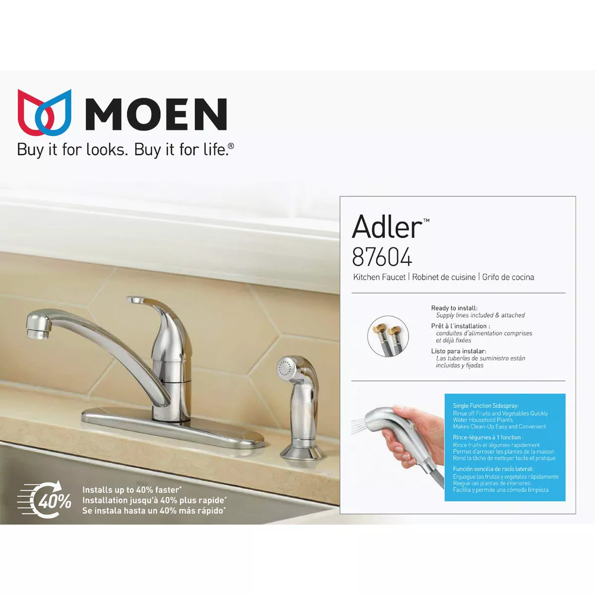 Moen Adler 1-Handle Lever Kitchen Faucet with Side Spray, Chrome - photo 2