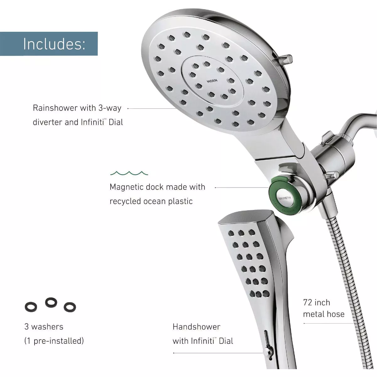Moen Verso 8-Spray 1.75 GPM Combo Handheld Shower Head with Infiniti Dial, Chrome - photo 3