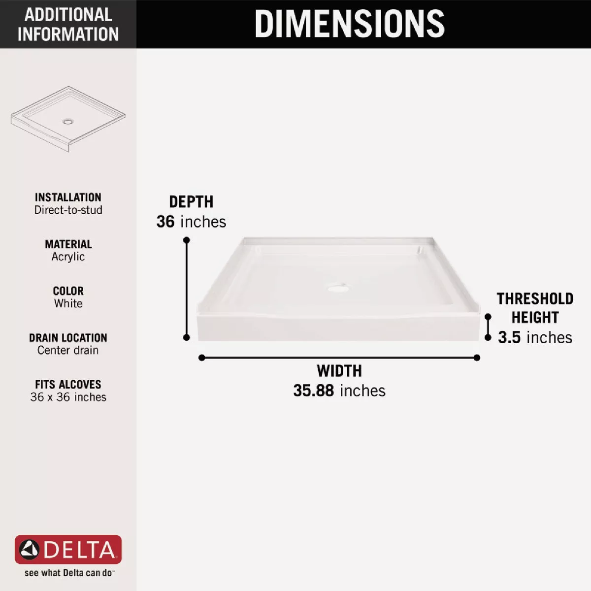 Delta Classic 500 36 In. x 36 In. Center Drain Shower Pan, White - photo 2