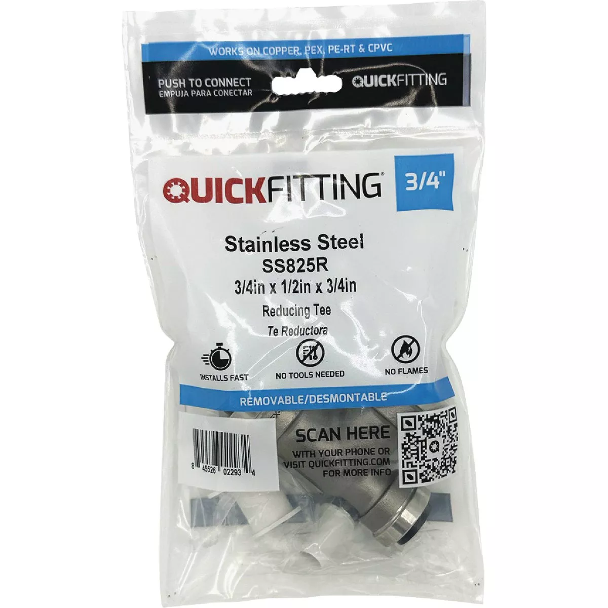 QuickFitting 3/4 In. x 1/2 In. x 3/4 In. Push-to-Connect Stainless Steel Reducing Tee - photo 2