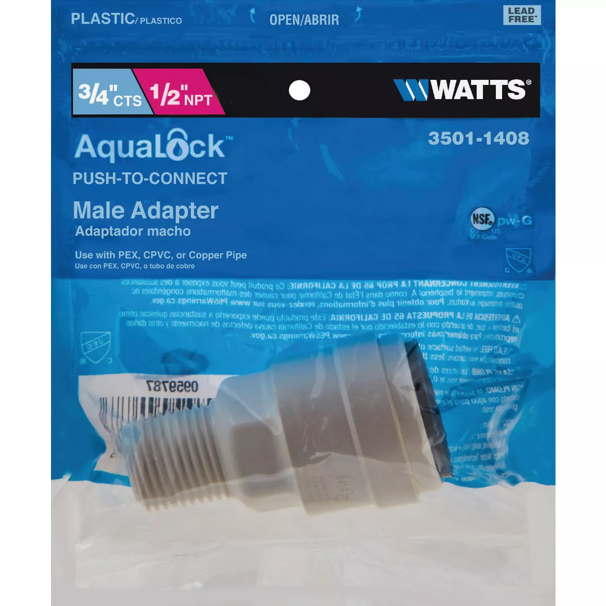 Watts Aqualock 3/4 In. CTS x 1/2 In. MPT Push-to-Connect Plastic Adapter - photo 2