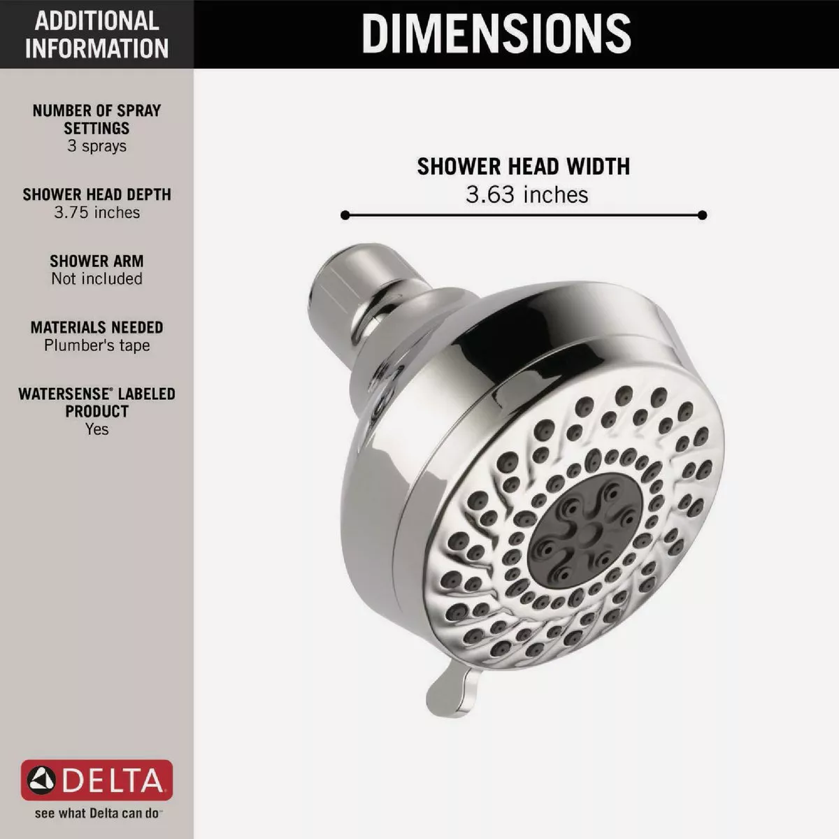 Delta 3-Spray 1.75 GPM Fixed Shower Head, Chrome - photo 4