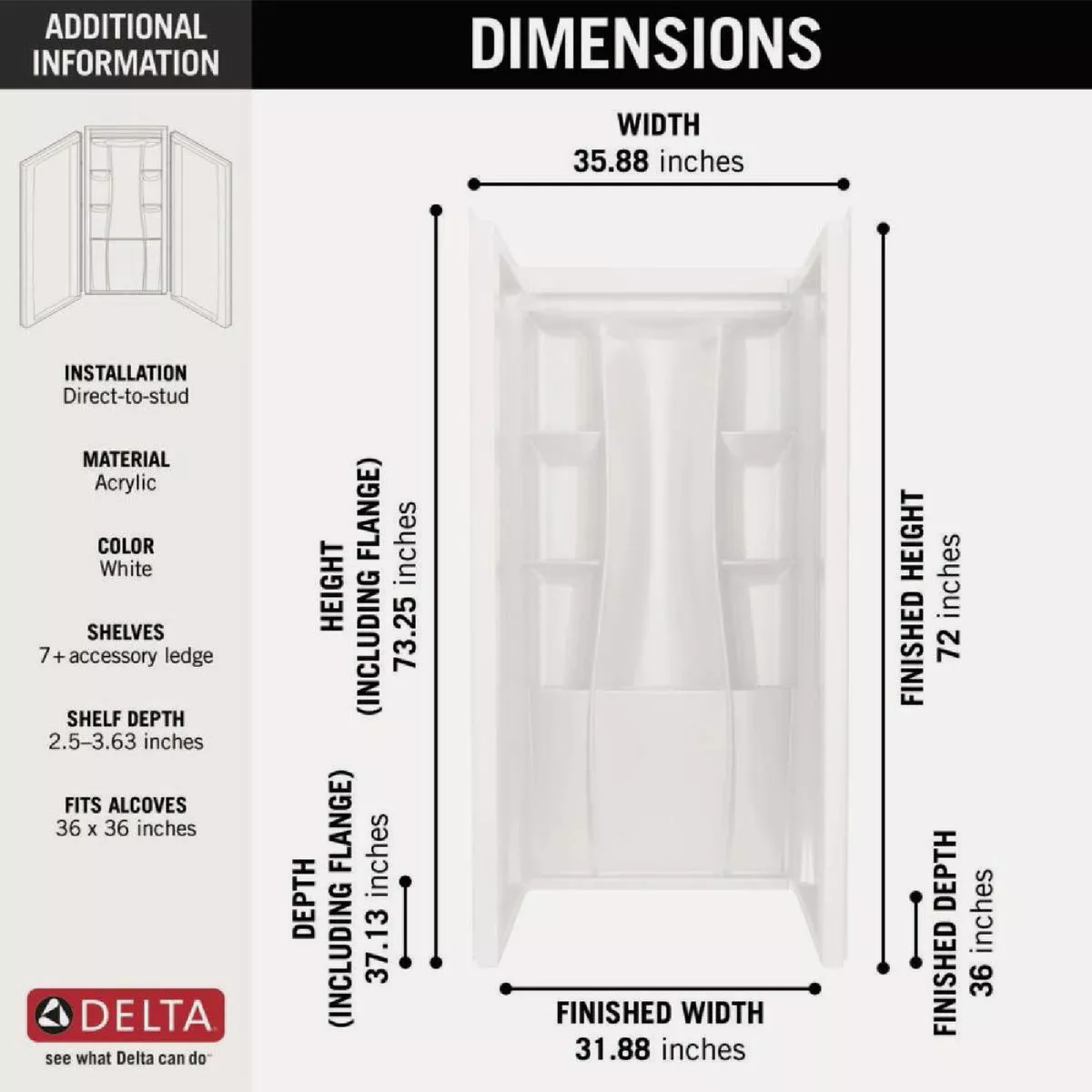 Delta Classic 500 36 In. x 73.25 In. x 36 In. Alcove Shower Wall, White (3-Piece) - photo 3
