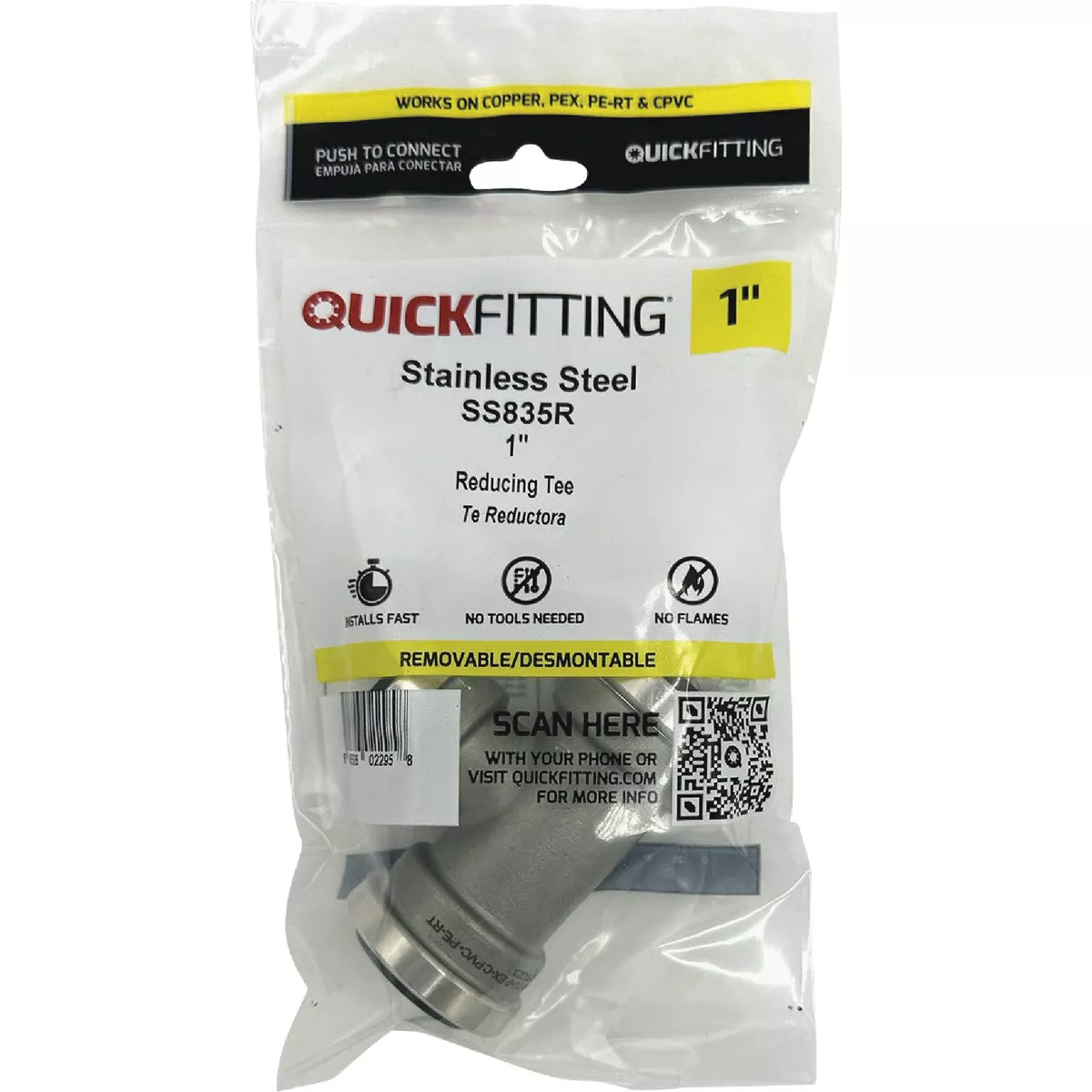 QuickFitting 1 In. x 1 In. x 3/4 In. Push-to-Connect Stainless Steel Reducing Tee - photo 3