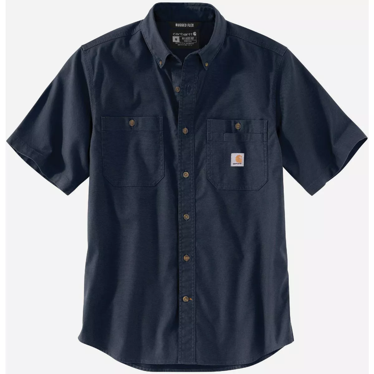 Carhartt Rugged Flex Men's Medium Regular Navy Canvas Short Sleeve Button Down Shirt, Relaxed Fit