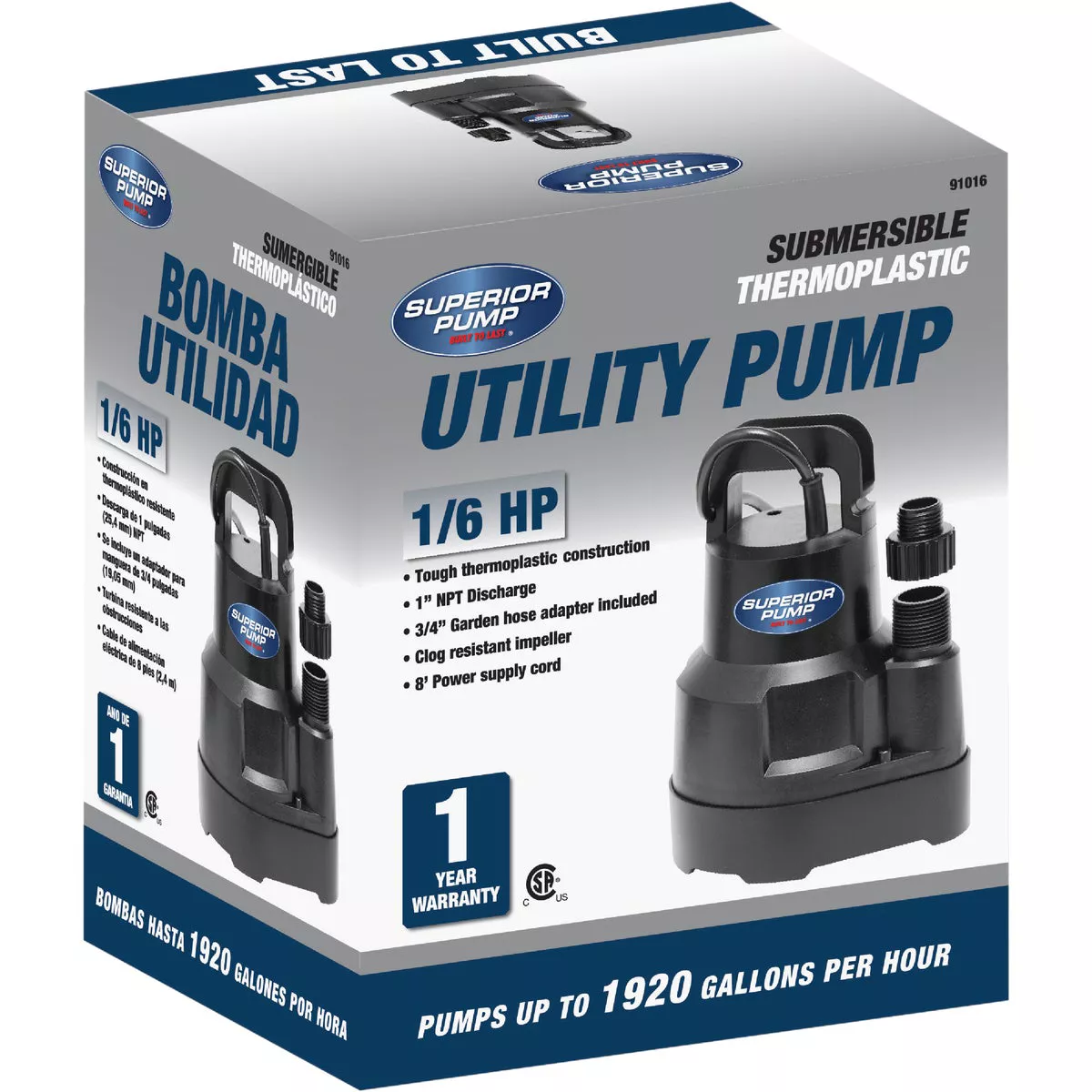 Superior Pump 1/6 HP 1920 GPH Oil-Free Submersible Utility Pump - photo 2
