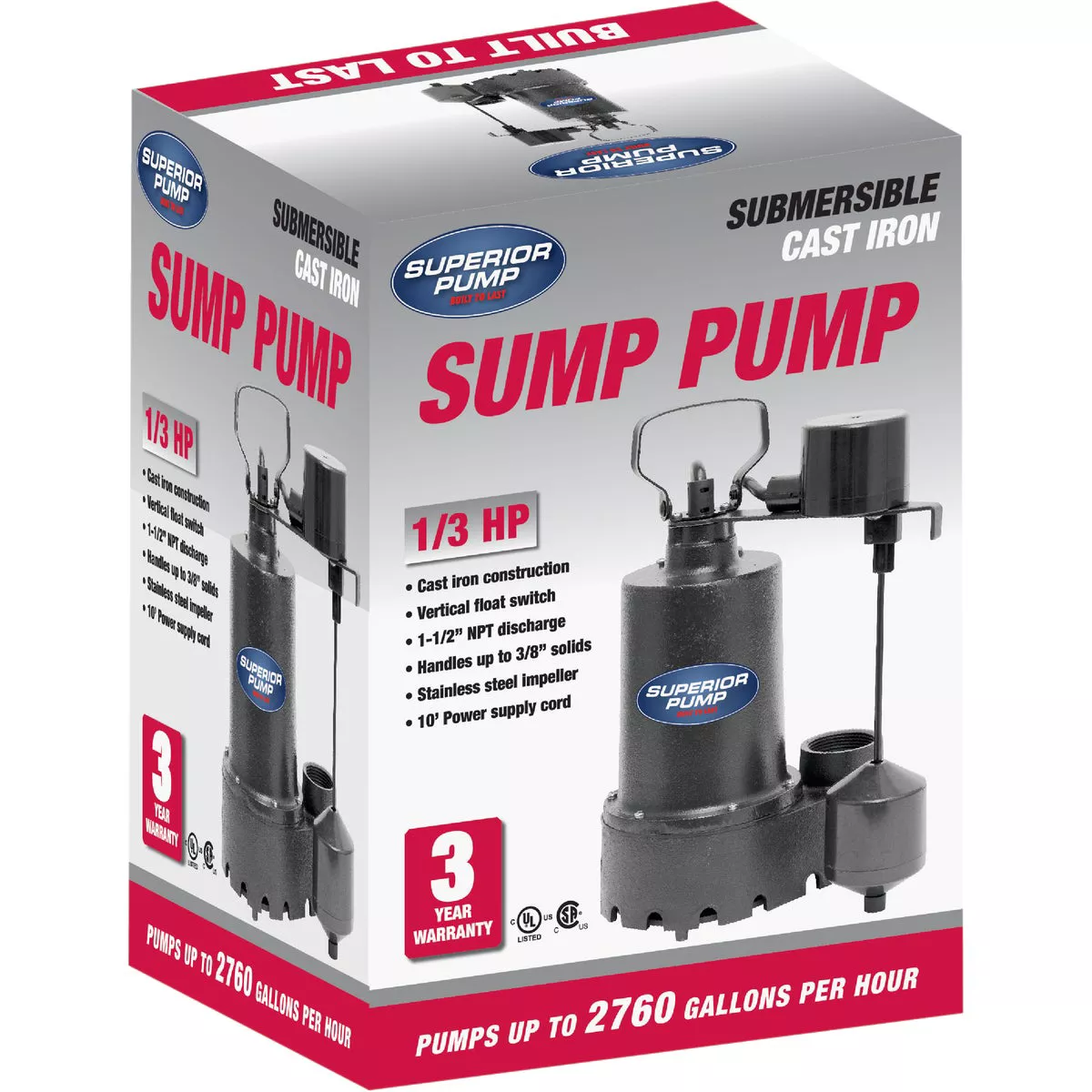 Superior Pump 1/3 HP Cast Iron Submersible Sump Pump with Vertical Float Switch & Stainless Steel Impeller - photo 2