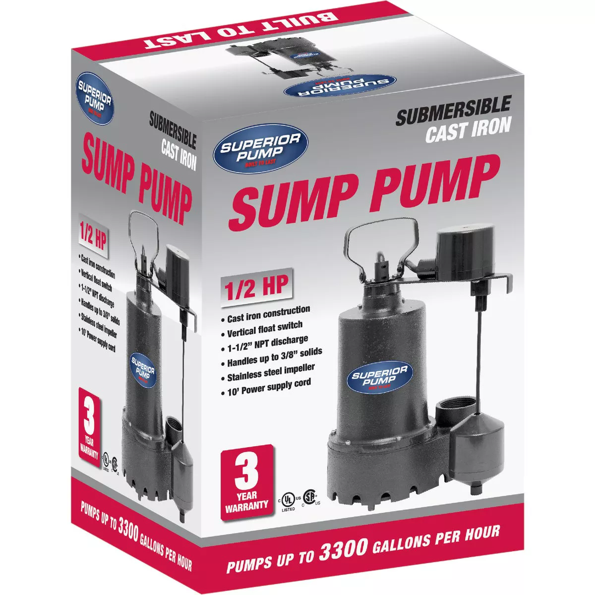 Superior Pump 1/2 HP Cast Iron Submersible Sump Pump with Vertical Float Switch & Stainless Steel Impeller - photo 2