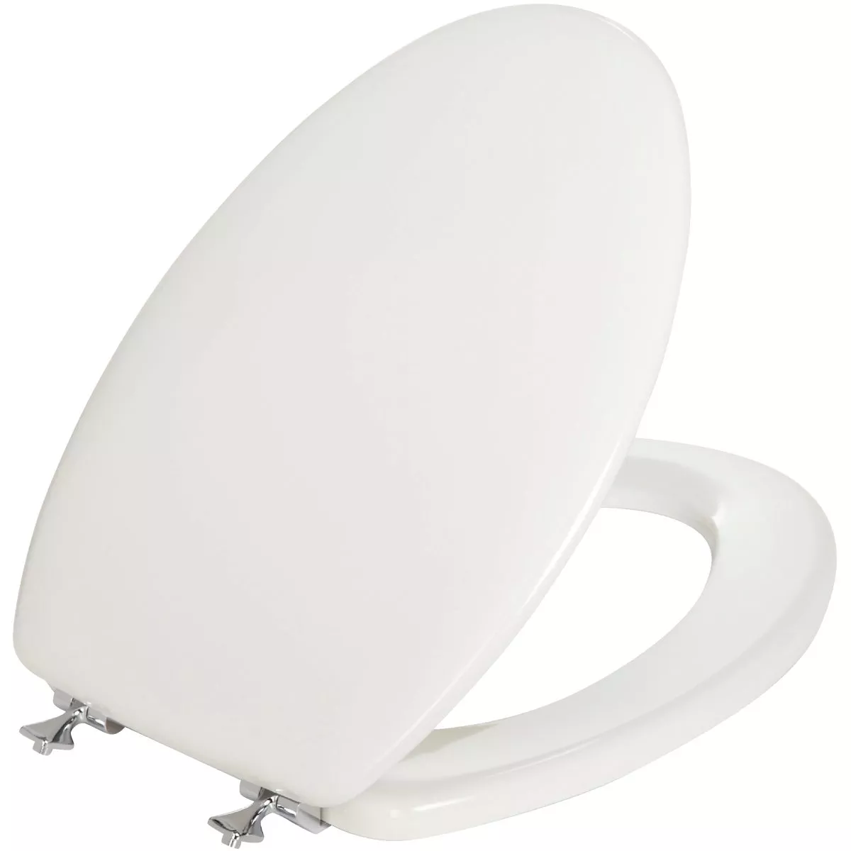 Bemis Mayfair Elongated Closed Front Premium White Wood Beveled Toilet Seat with Chrome Hinges