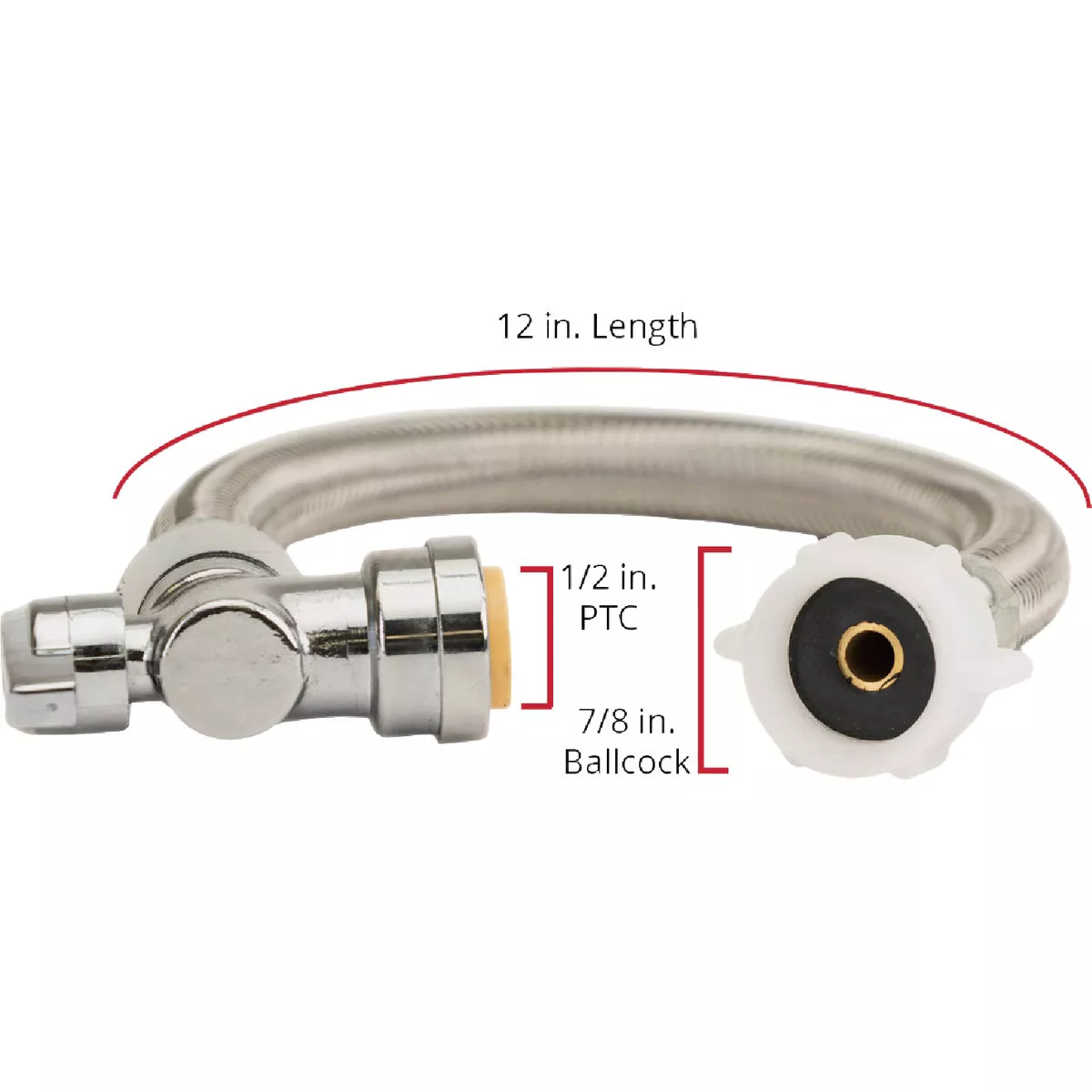 QuickFitting 1/2 In. Push-to-Connect Angle Stop Valve x 7/8 In. Ballcock x 12 In. Braided Stainless Steel Toilet Connector Hose - photo 6