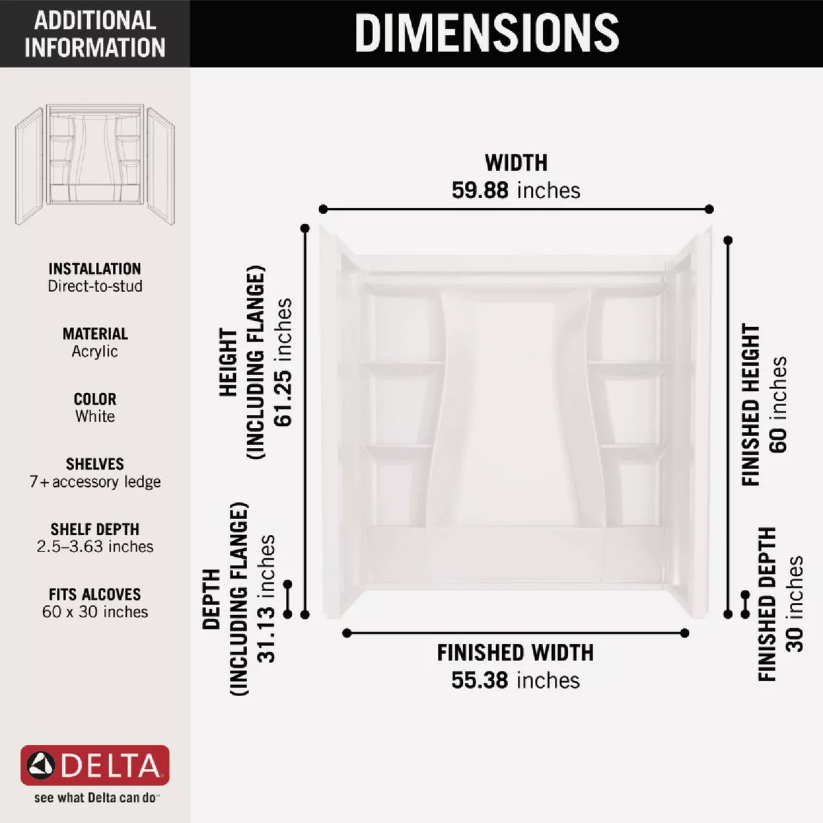 Delta Classic 500 60 In. L x 30 In. W x 61-1/4 In. H Alcove Tub Surround Kit, White (3-Piece) - photo 2