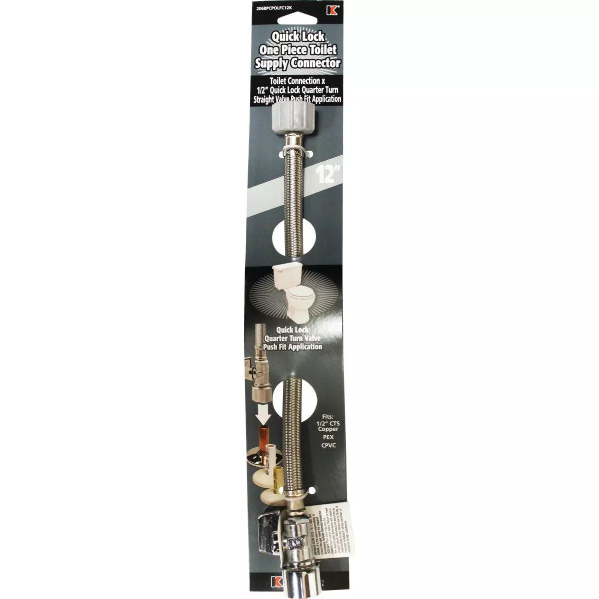 Keeney 5/8 In. x 12 In. Stainless Steel Quick Lock Toilet Supply Tube with Straight Quarter Turn Valve - photo 2