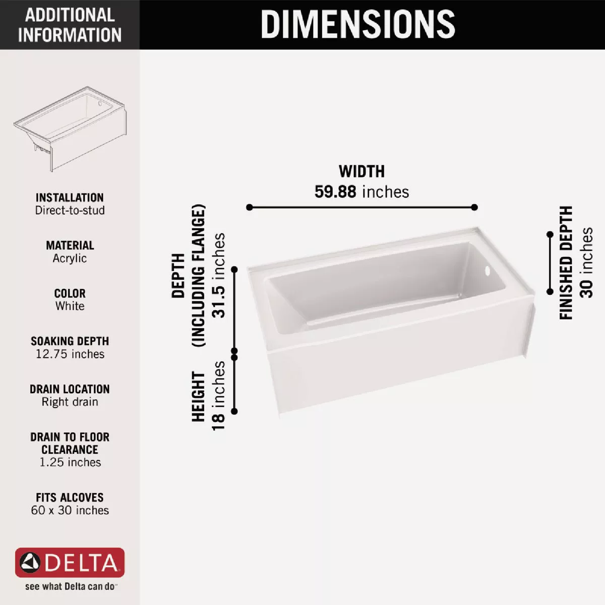 Delta Classic 500 60 In. L x 30 In. W Right Drain Rectangular Alcove Bathtub, White - photo 3