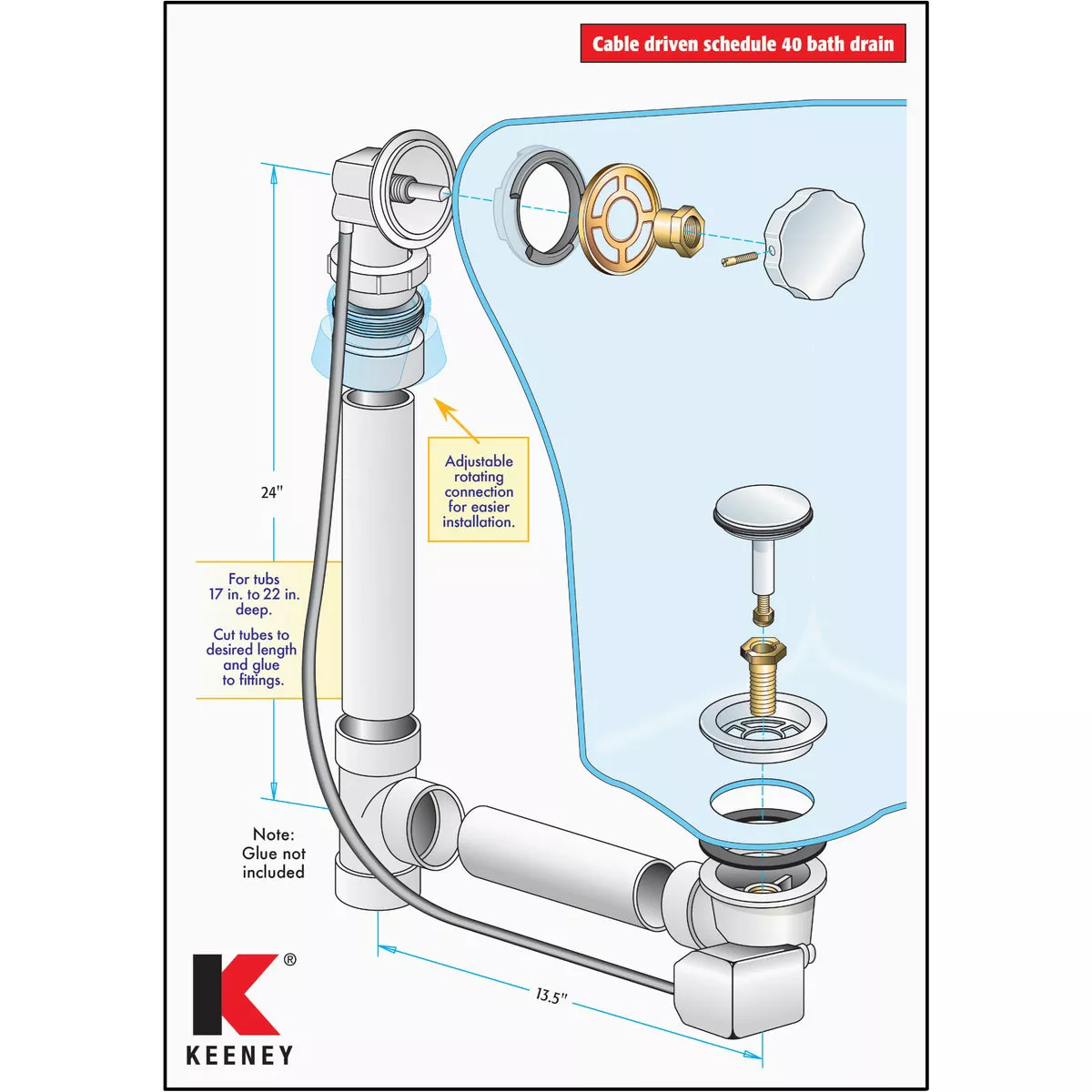 Keeney Schedule 40 PVC Cable Drive Bath Drain with Polished Chrome Trim - photo 4