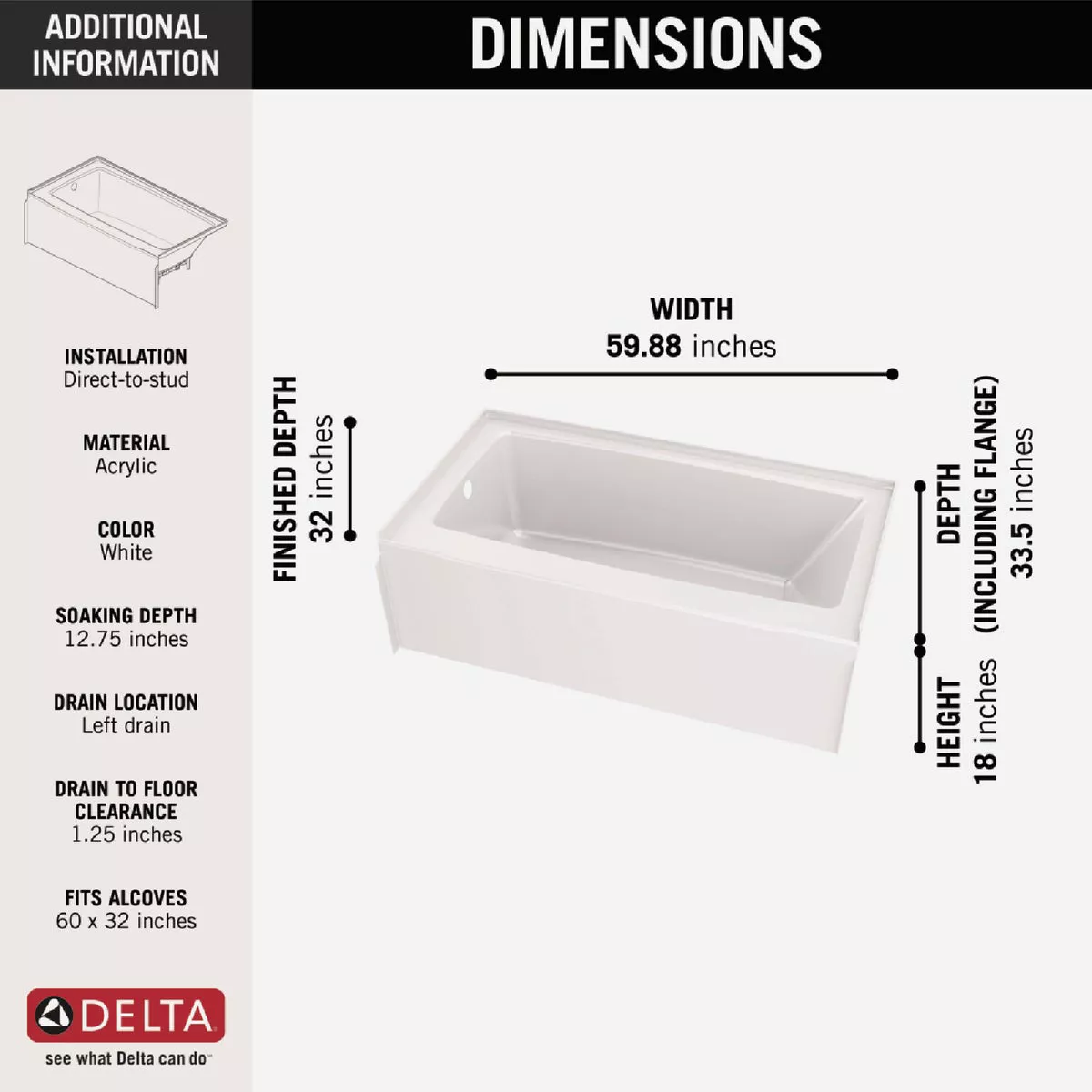 Delta Classic 500 60 In. L x 32 In. W Left Drain Rectangular Alcove Bathtub, White - photo 3