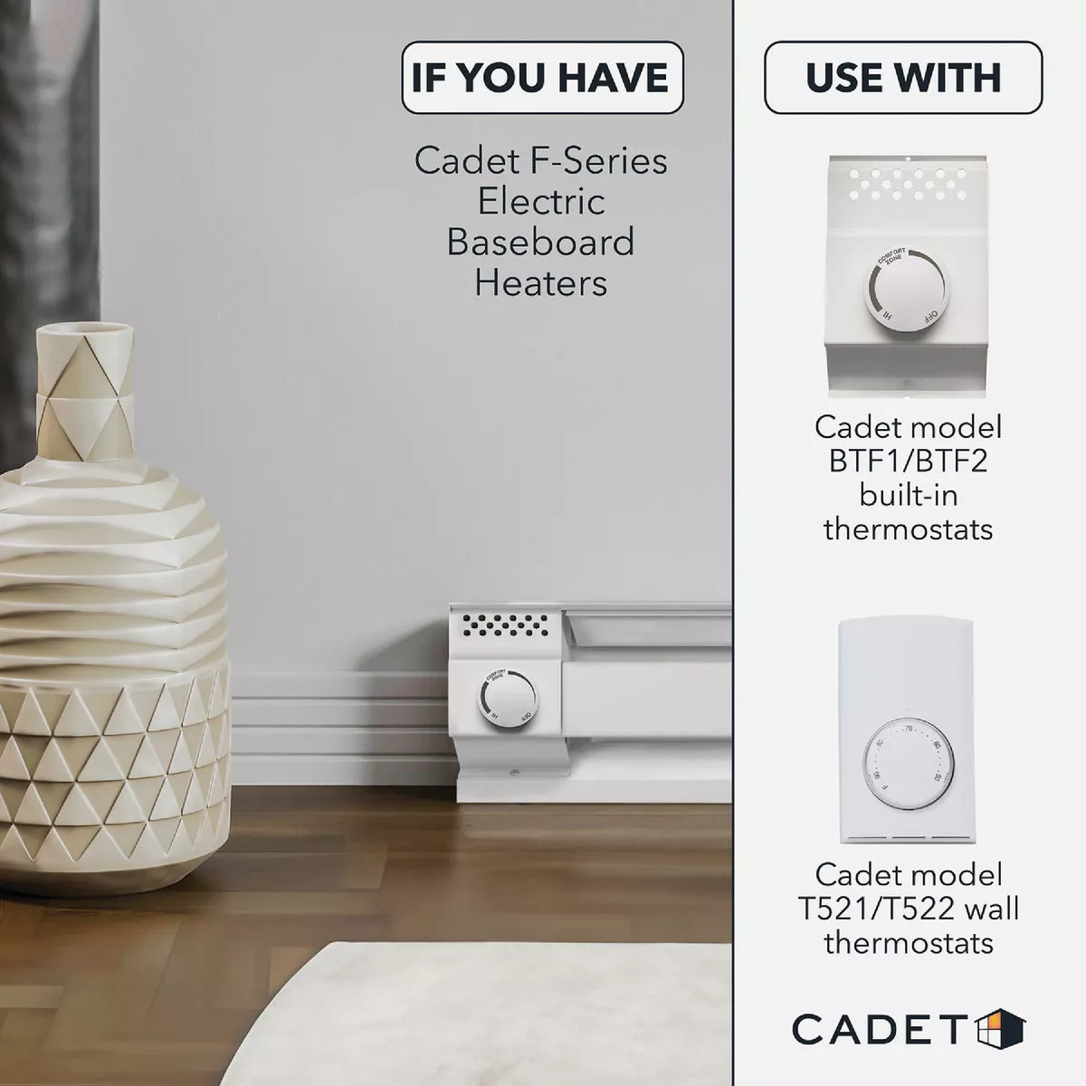 Cadet BTF Built-In Double Pole Thermostat for Electric Baseboard Heaters, White - photo 2