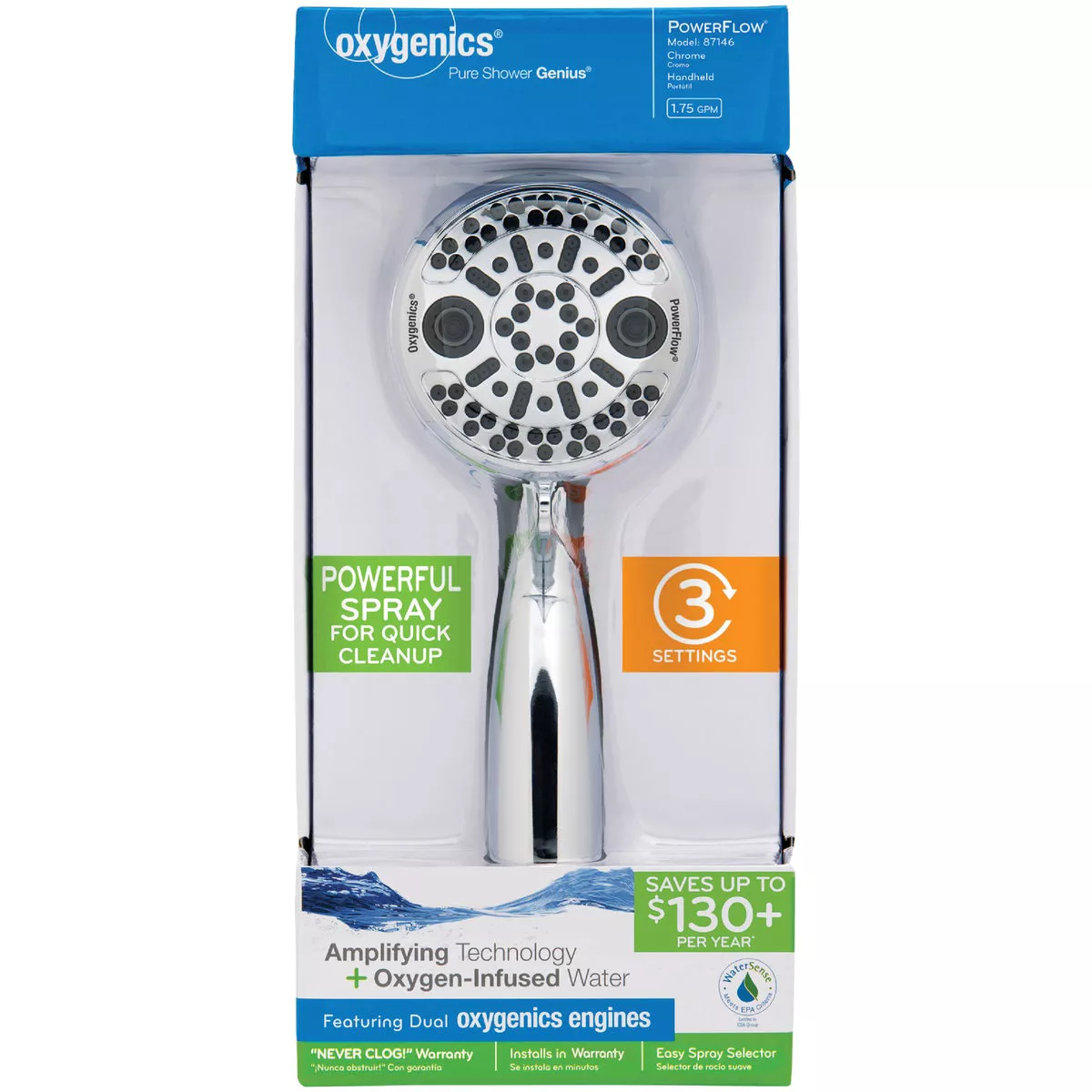 Oxygenics PowerFlow 3-Spray 1.75 GPM Handheld Shower Head, Chrome - photo 2