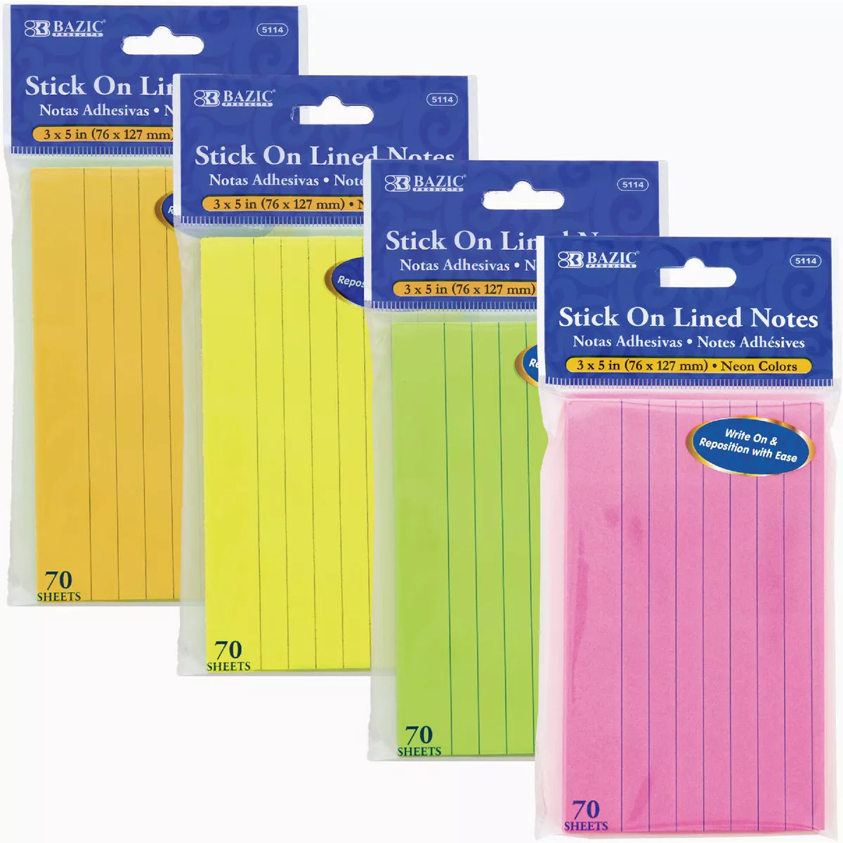 Bazic Products 70 Ct. 3 In. x 5 In. Neon Lined Stick On Notes