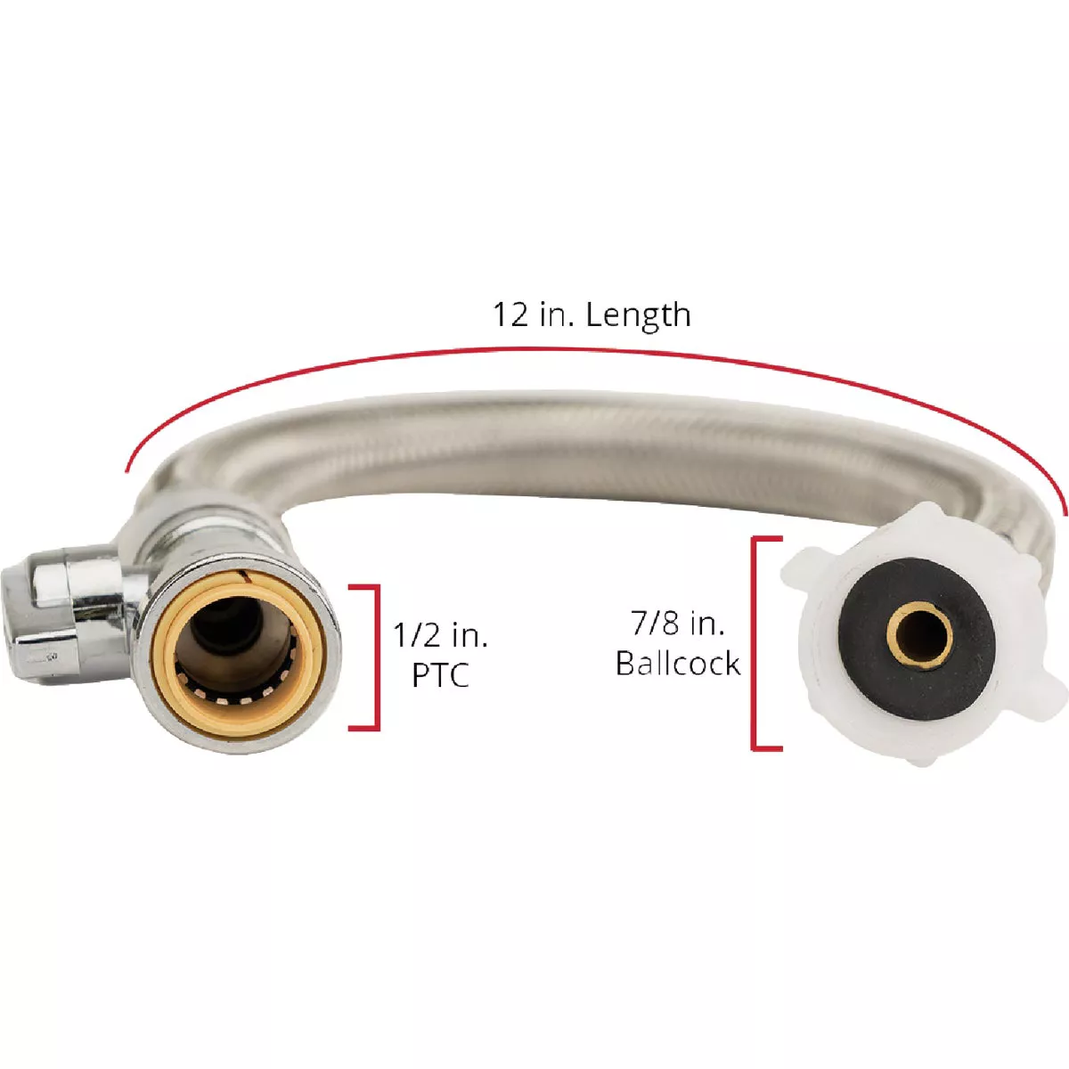 QuickFitting 1/2 In. Push-to-Connect Straight Stop Valve x 7/8 In. Ballcock x 12 In. Braided Stainless Steel Toilet Connector Hose - photo 5