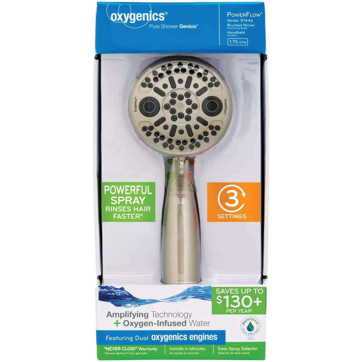Oxygenics PowerFlow 3-Spray 1.75 GPM Handheld Shower Head, Brushed Nickel - photo 2